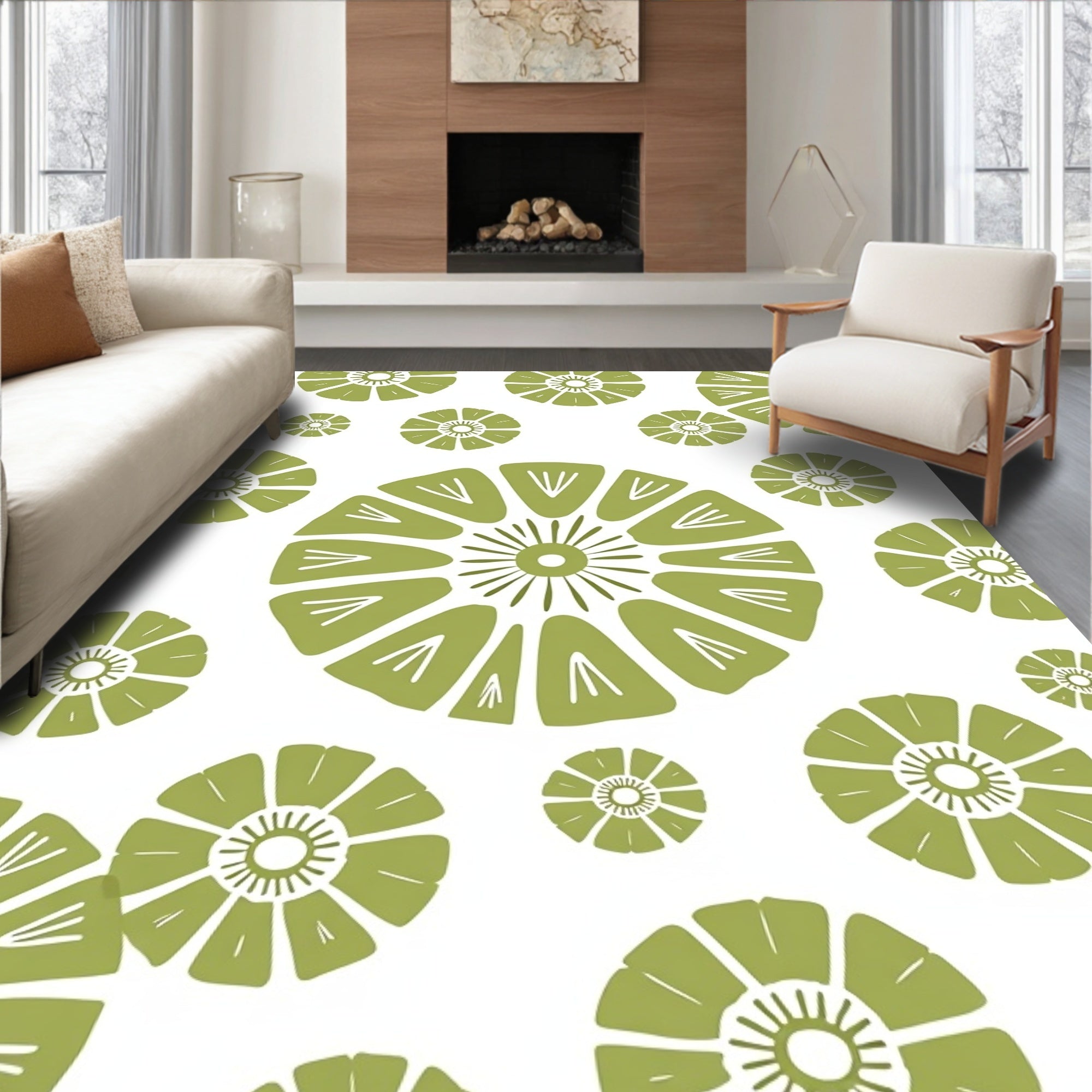 Olive Green Mid Century Floral Burst Rug