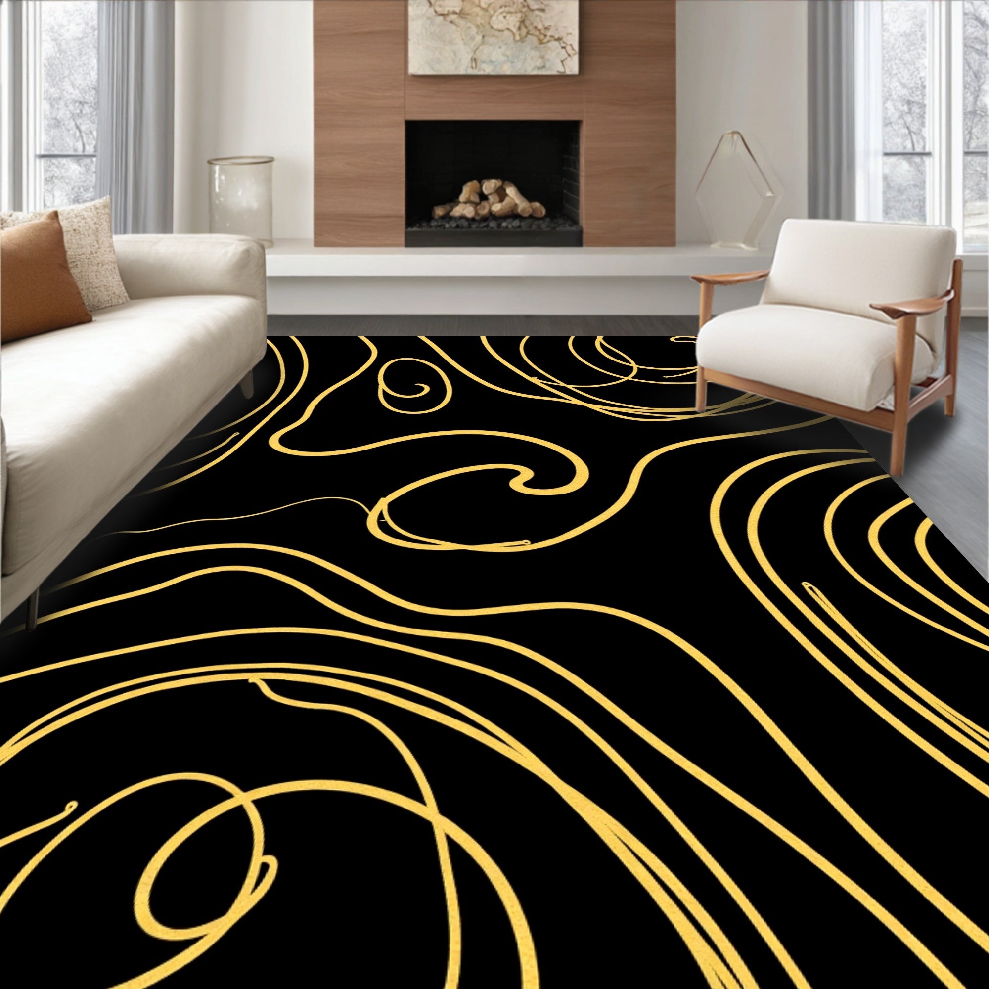 Golden Swirls on Black Canvas Rug