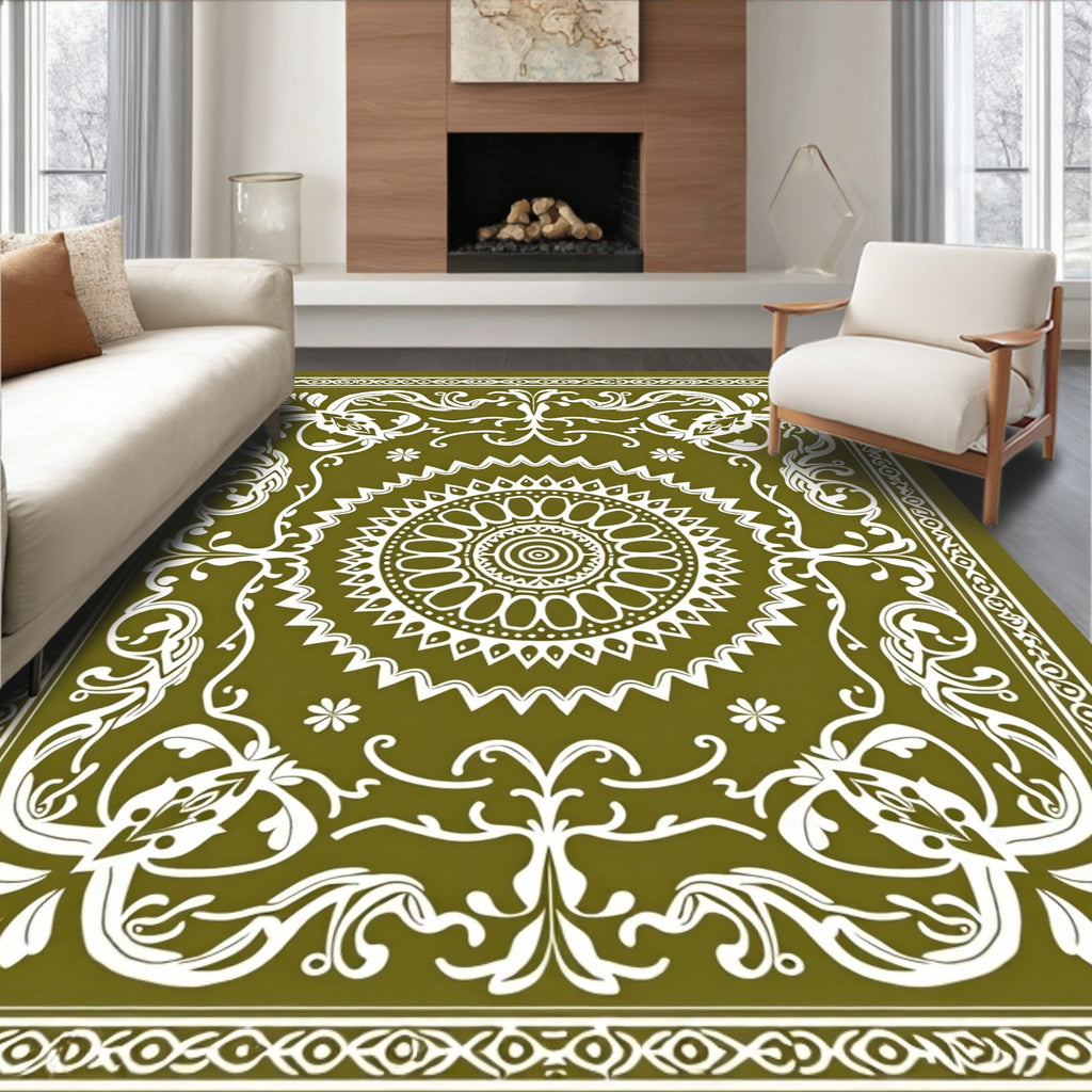 Olive Green Medallion Floral Scroll Rug
