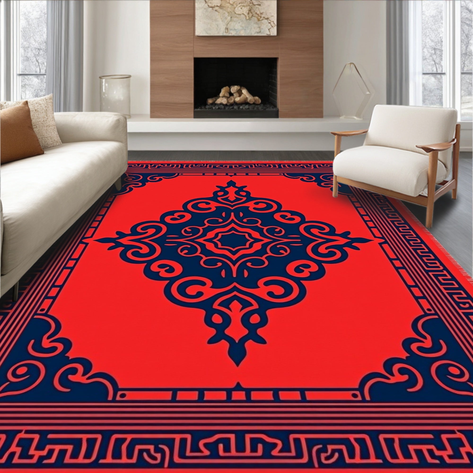 Bold Crimson Navy Central Medallion Rug