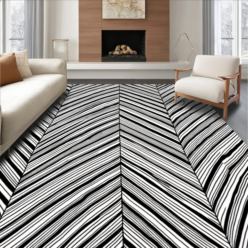 Black White Abstract Herringbone Swirl Rug