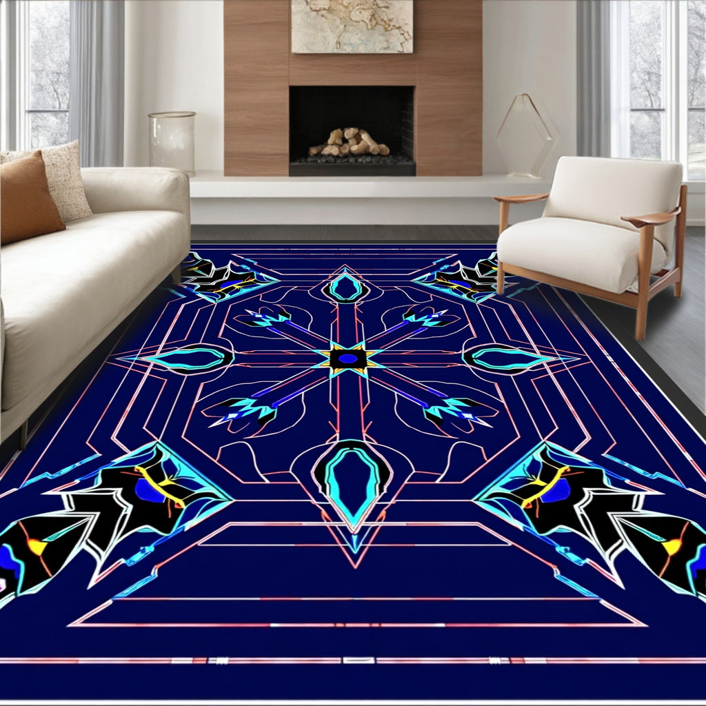 Deep Blue Geometric Abstract Medallion Rug