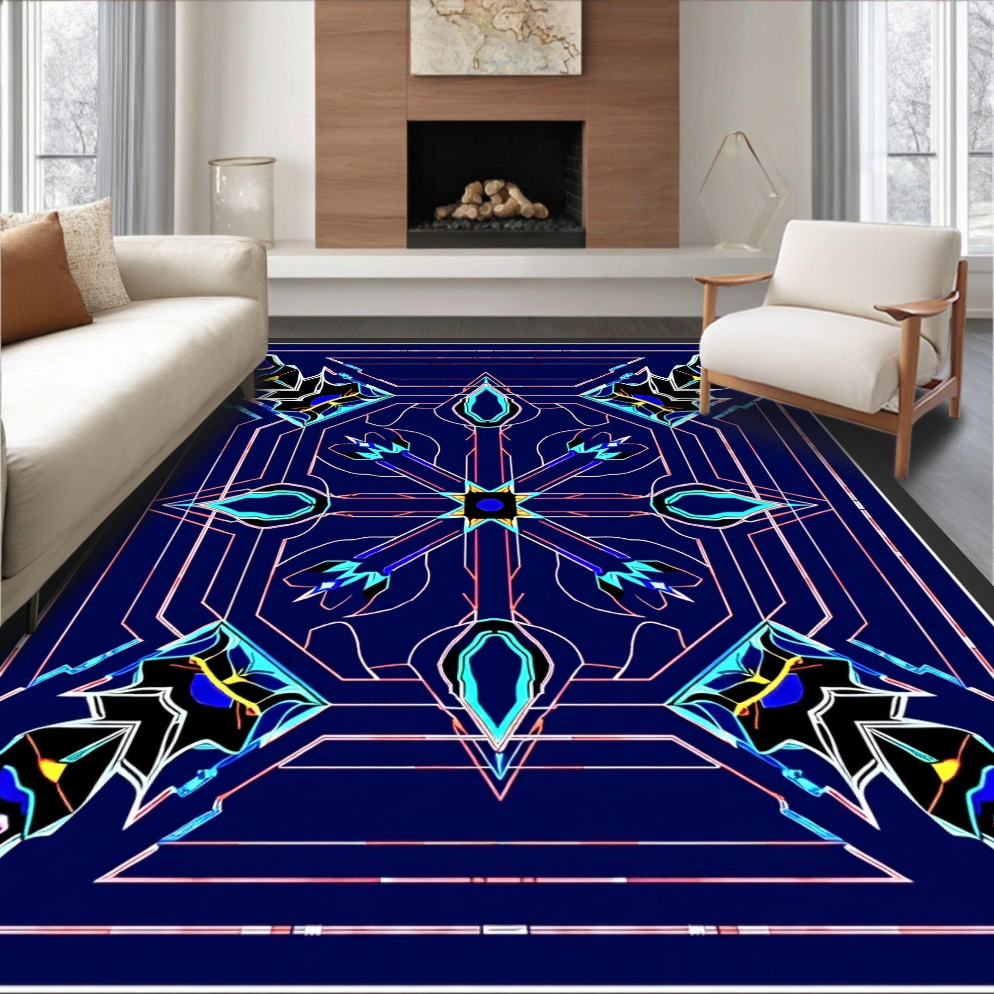 Deep Blue Geometric Abstract Medallion Rug