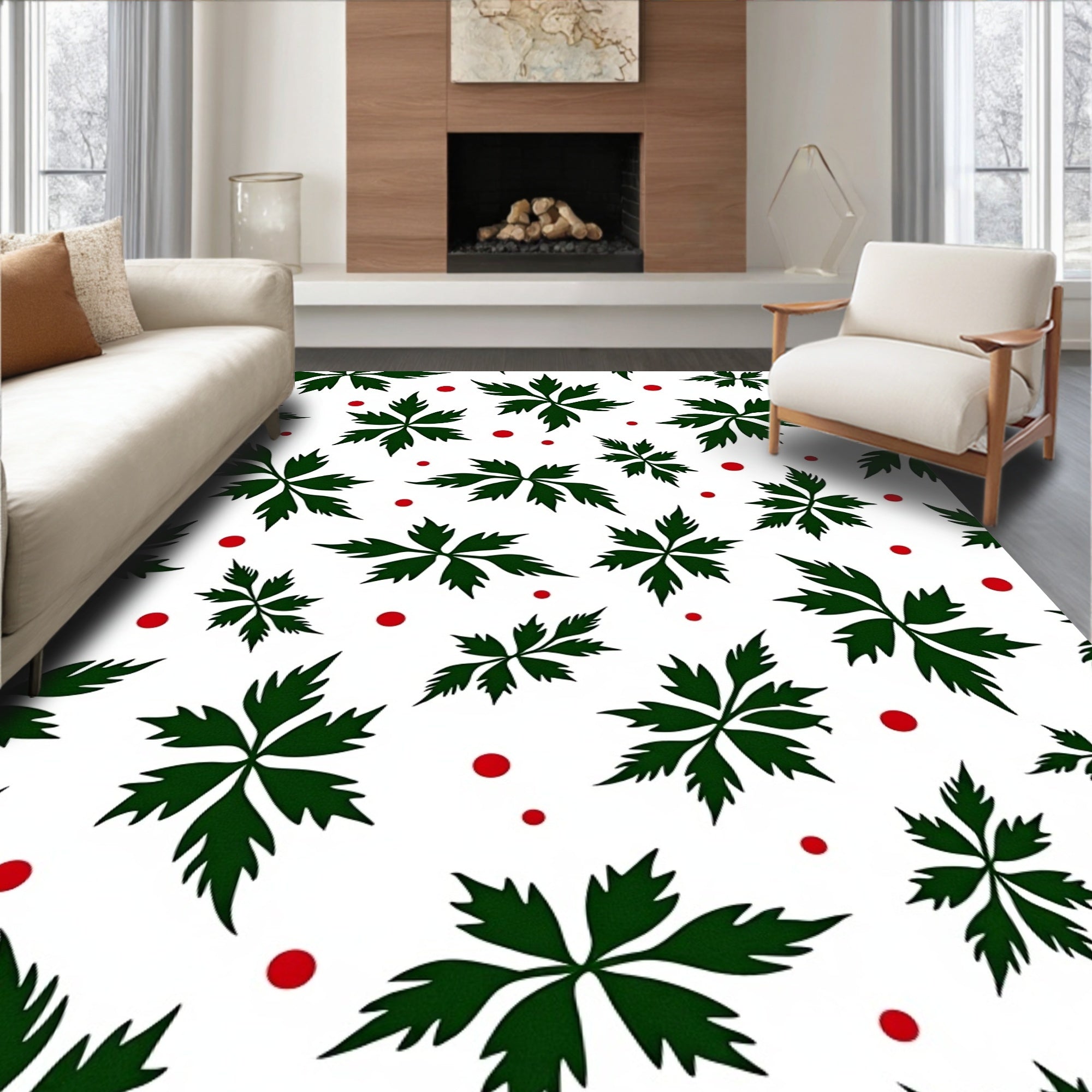 Forest Green Leaf Scatter Red Dots Rug
