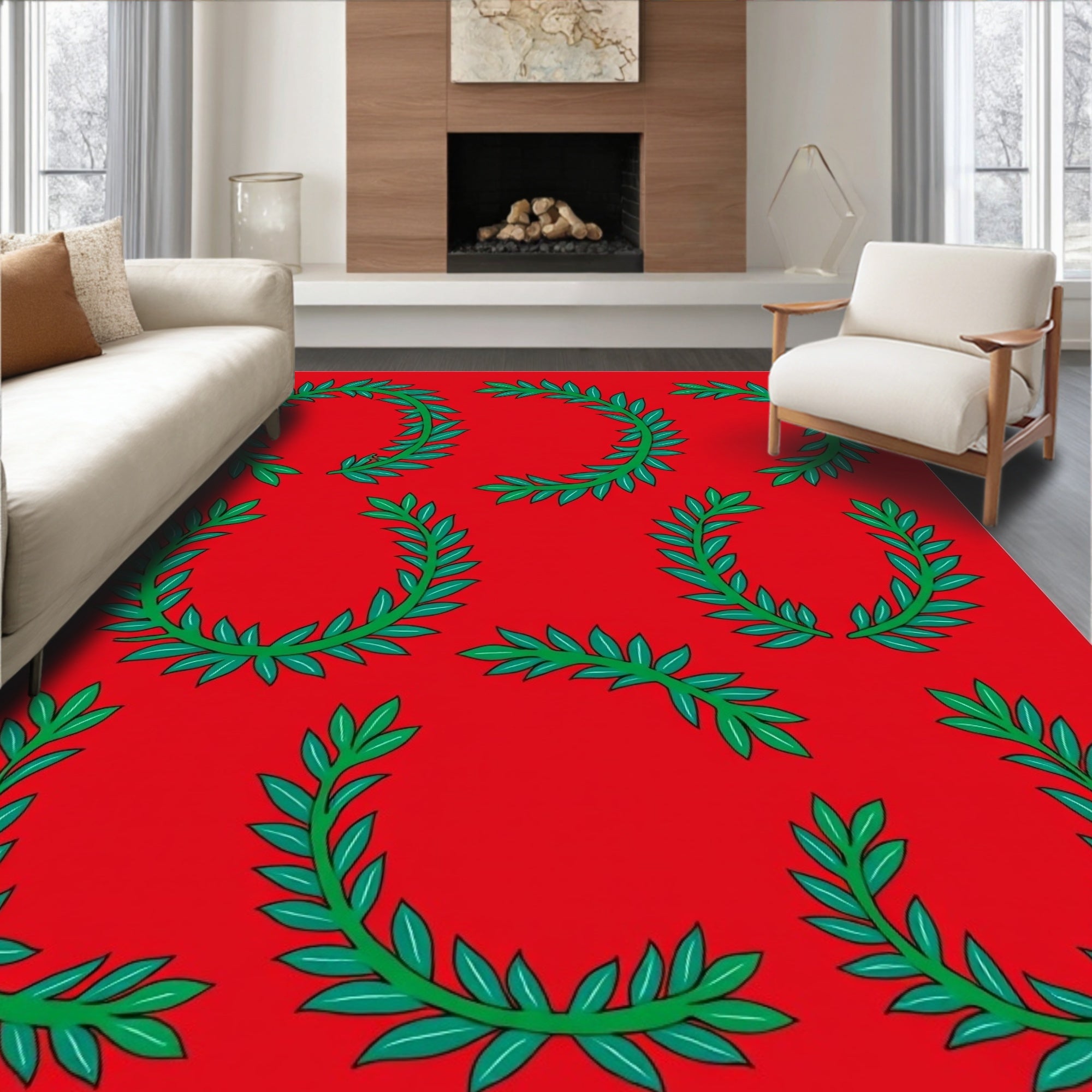 Red Green Laurel Wreath Round Collage Rug