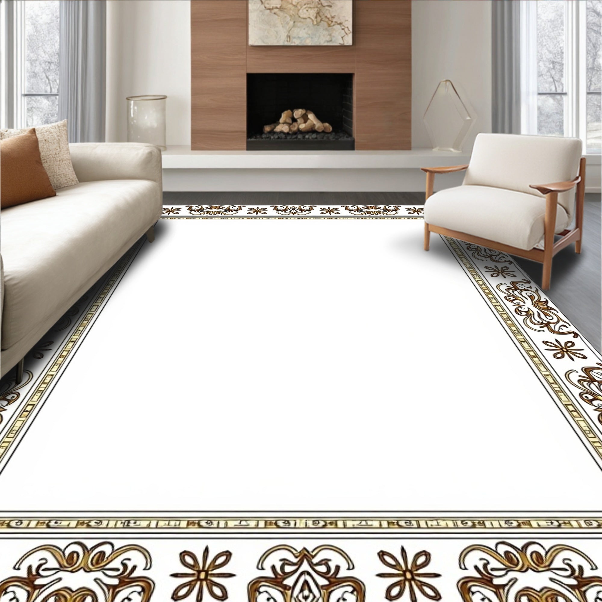 Ornate Golden Floral Border Rug