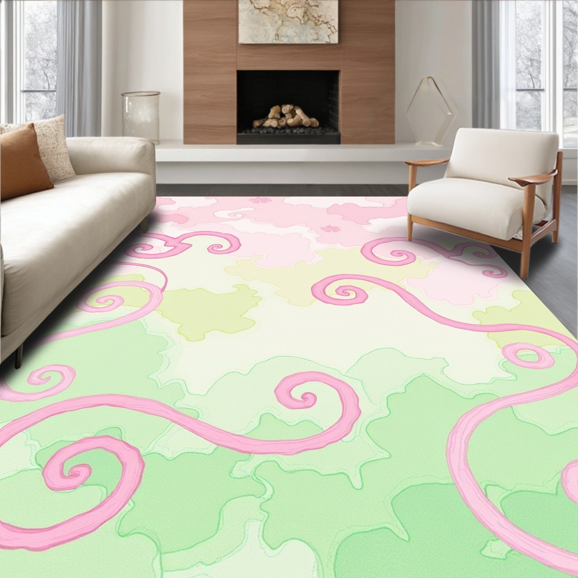 Pink Swirl Floral Soft Landscape Rug