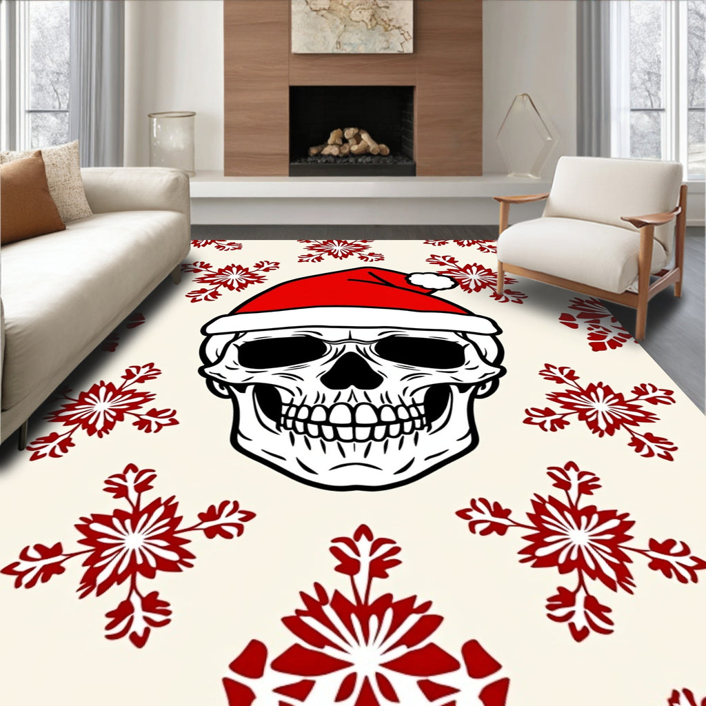 Festive Red Snowflake Poinsettia Skull Rug