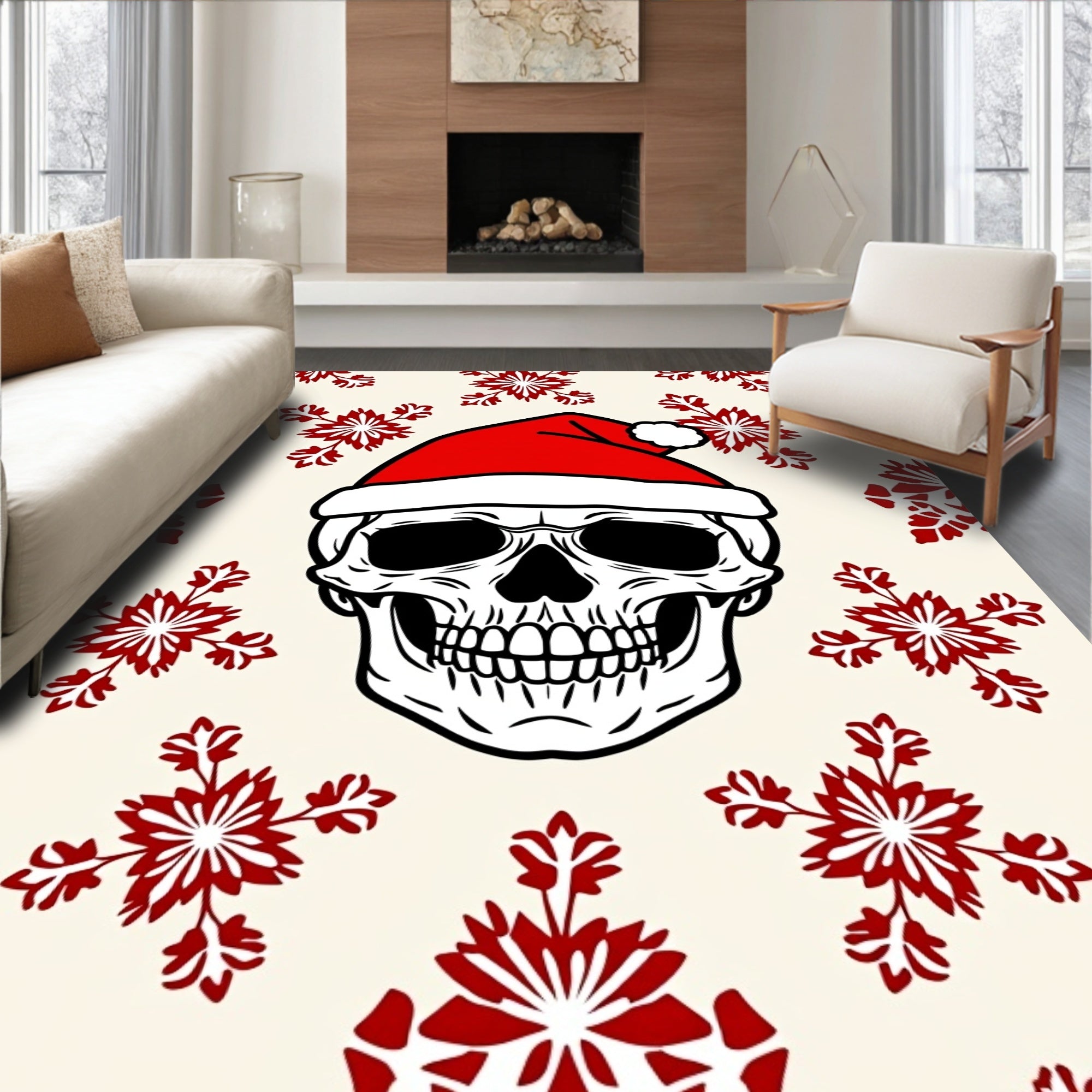 Festive Red Snowflake Poinsettia Skull Rug