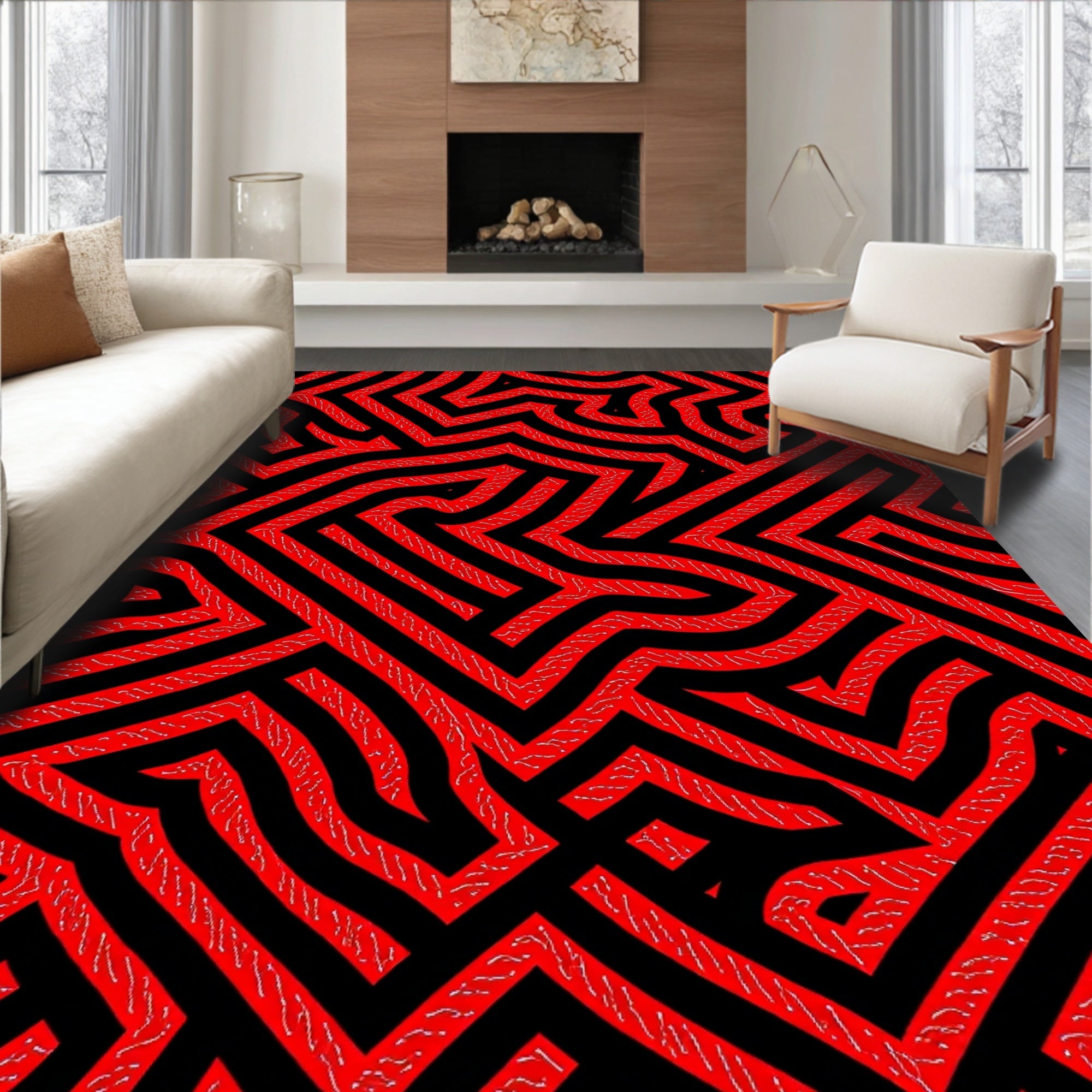 Bold Red Maze Lines Rug