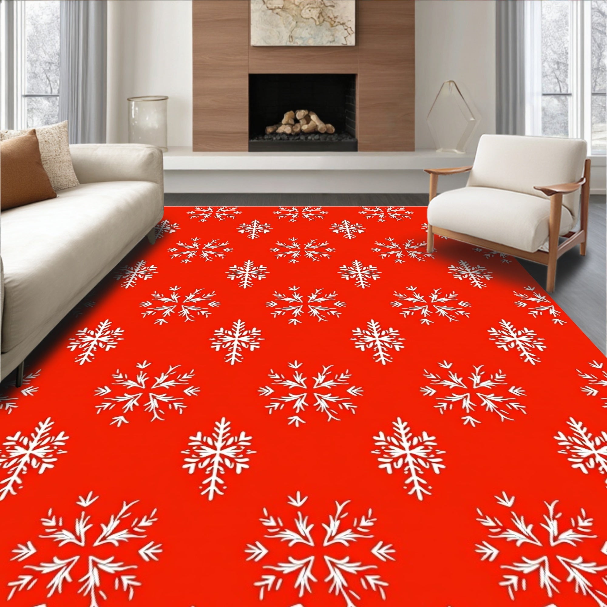 Red White Snowflake Classic Christmas Rug
