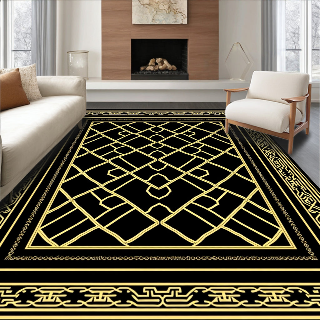 Black and Gold Geometric Interlocking Lattice Rug