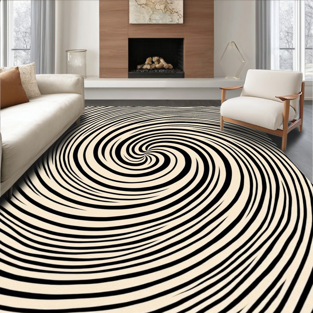 Black Cream Swirl Optical Illusion Rug