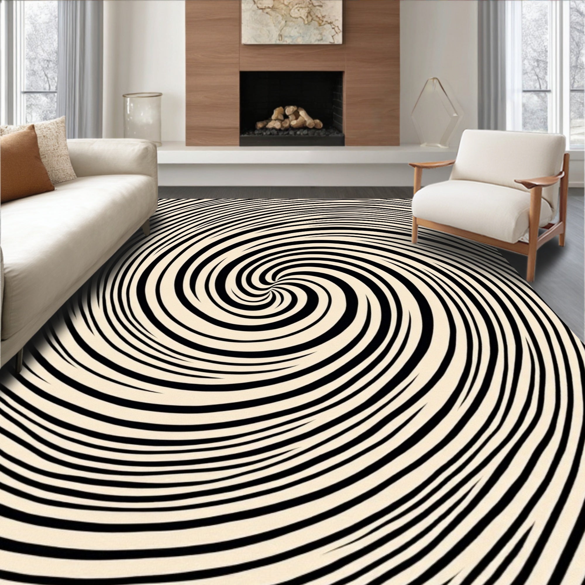 Black Cream Swirl Optical Illusion Rug