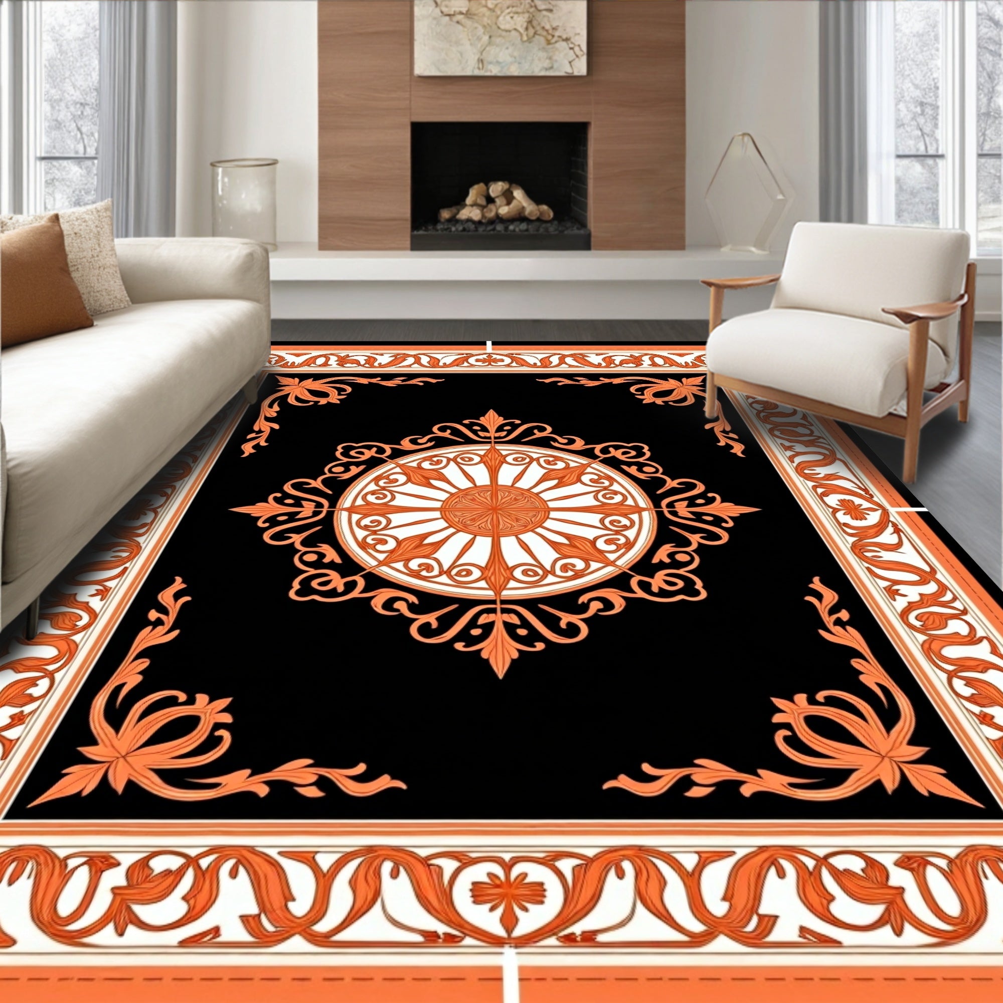 Orange Floral Medallion Black Rug