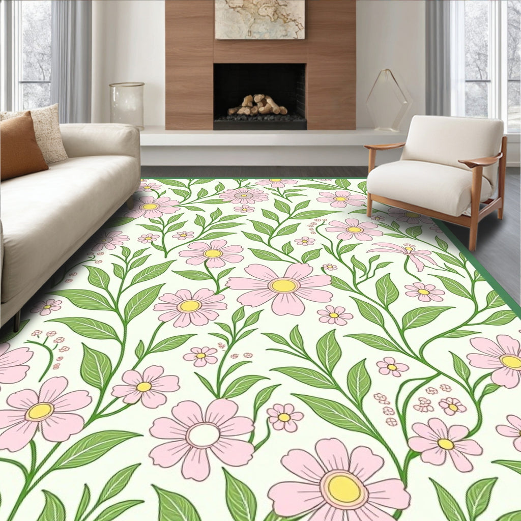 Delicate Pink Floral Vines Garden Rug