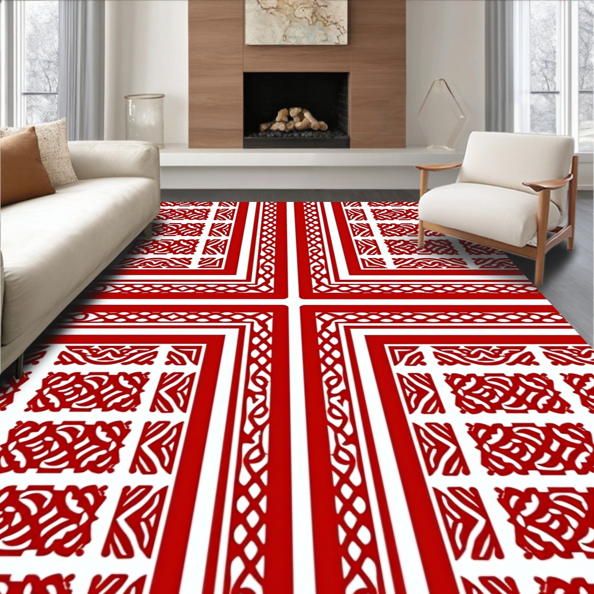 Red Interlocking Geometric Scroll Rug