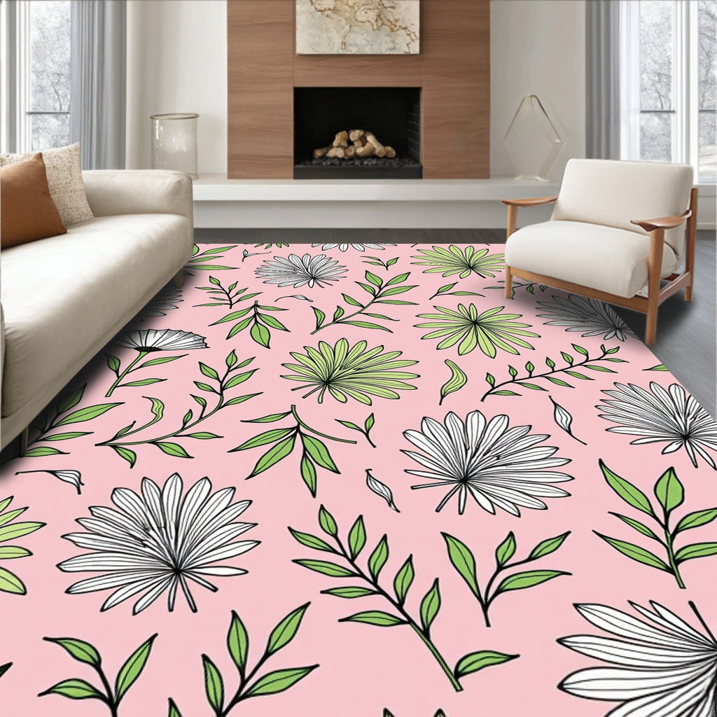 Pink Leafy Green Tropical Foliage Rug