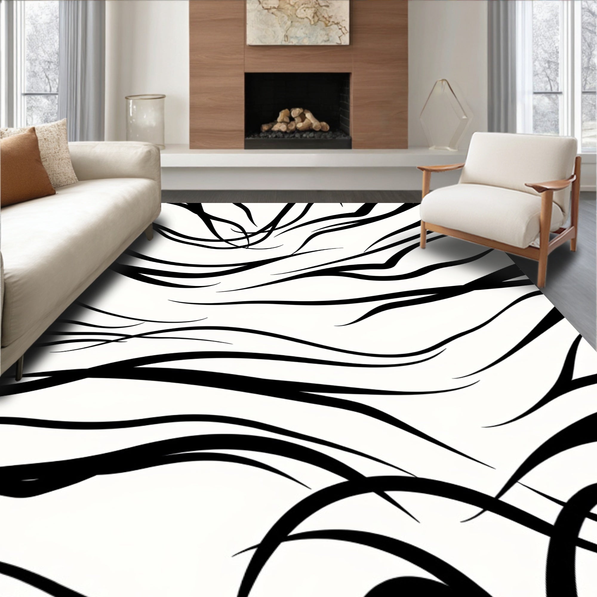 Black White Wispy Swirls Rug