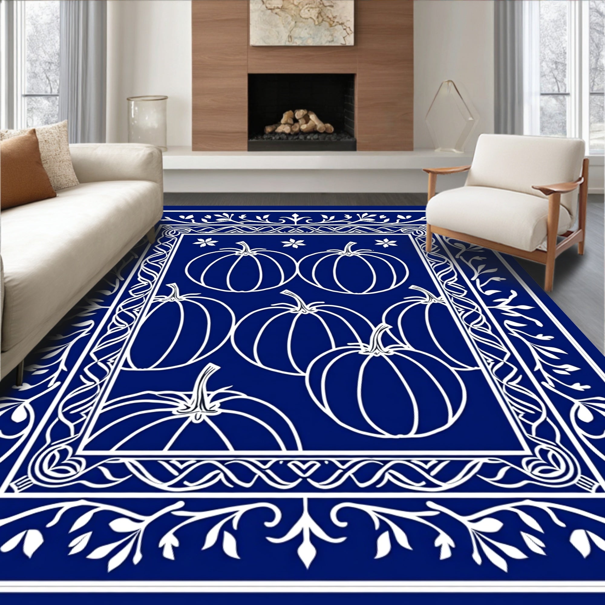 Royal Blue White Pumpkin Harvest Border Rug