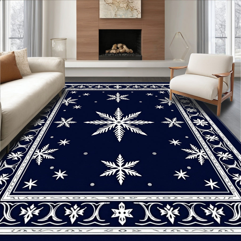 Navy White Snowflake Border Art Rug