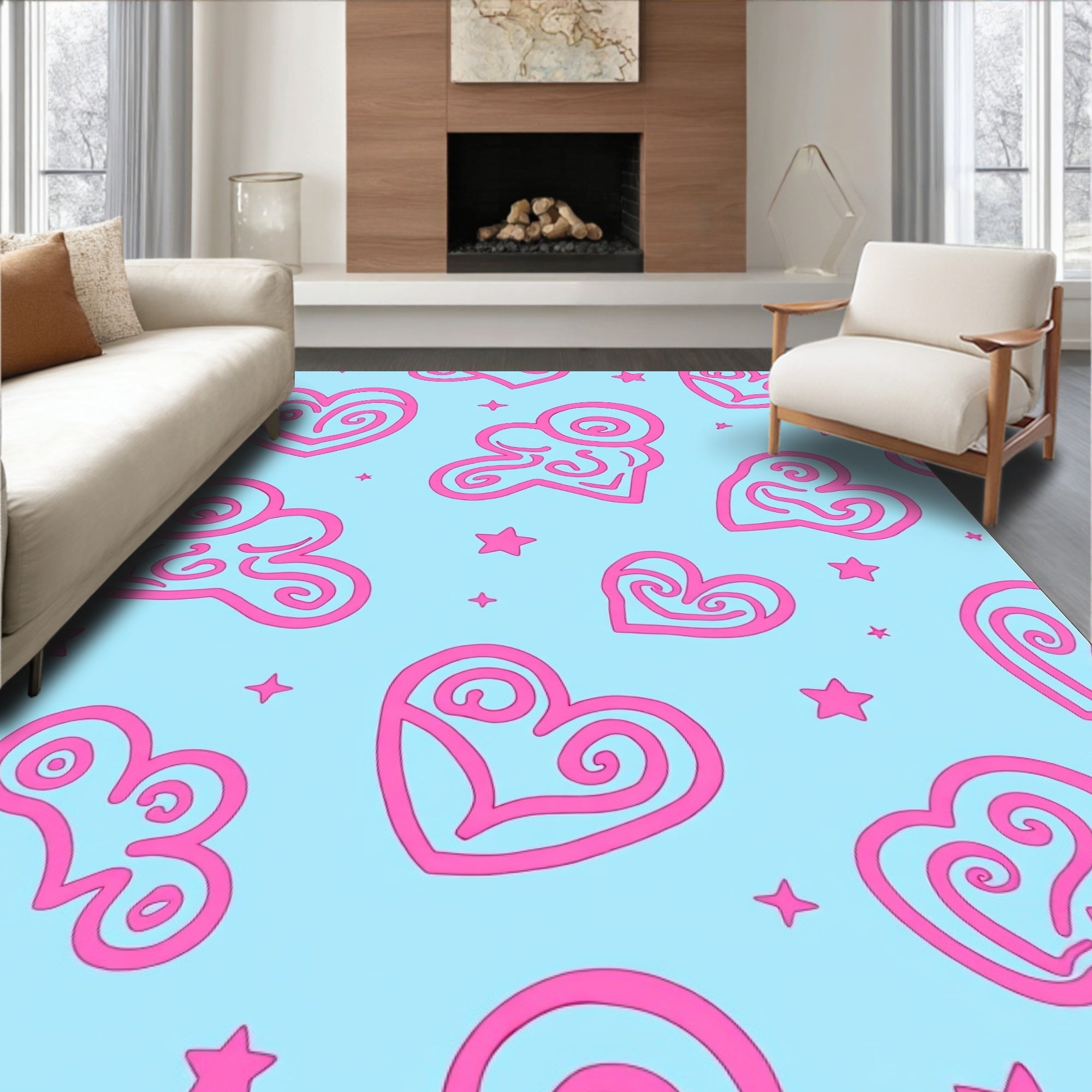 Pink Swirl Hearts on Sky Blue Rug