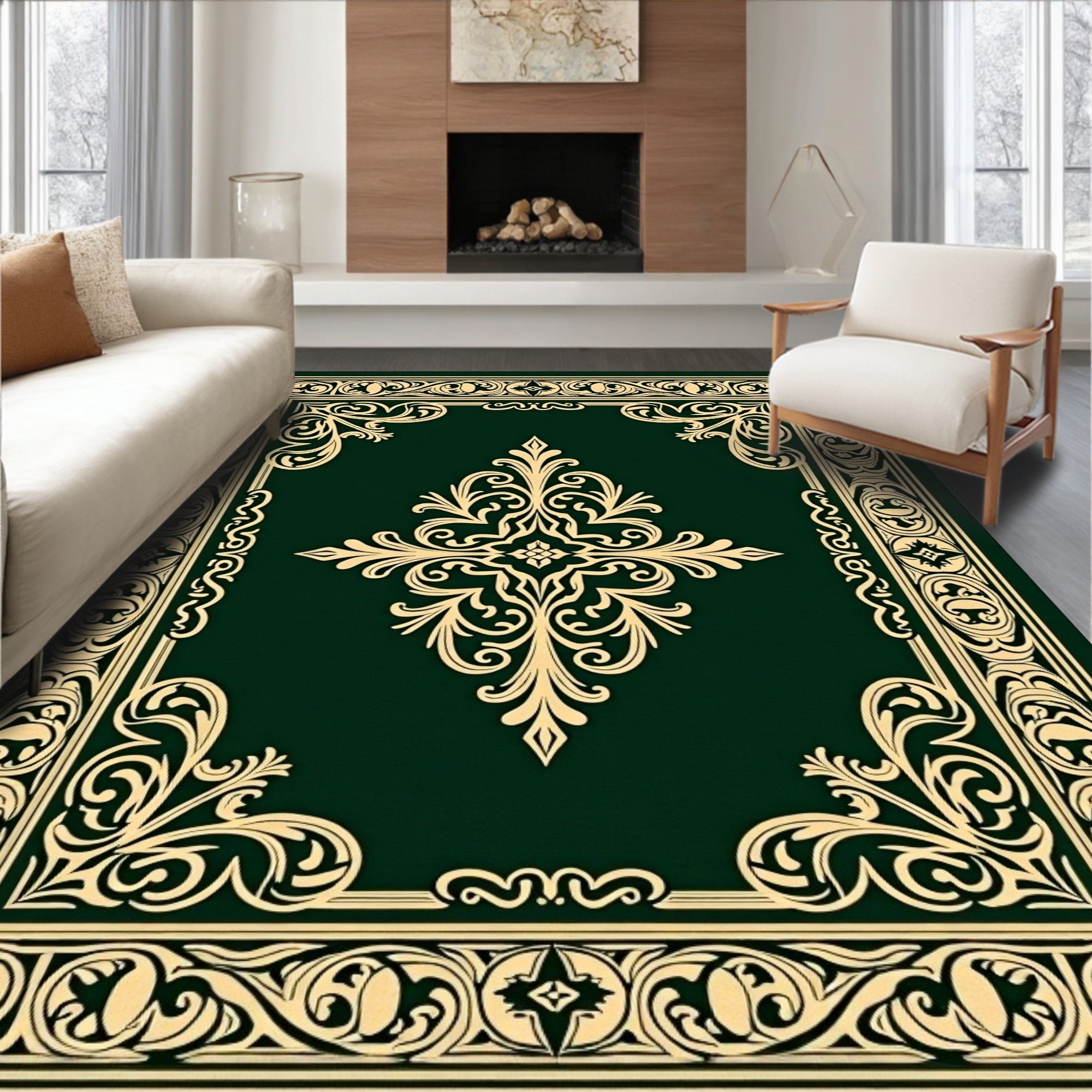 Emerald Golden Floral Scroll Rug