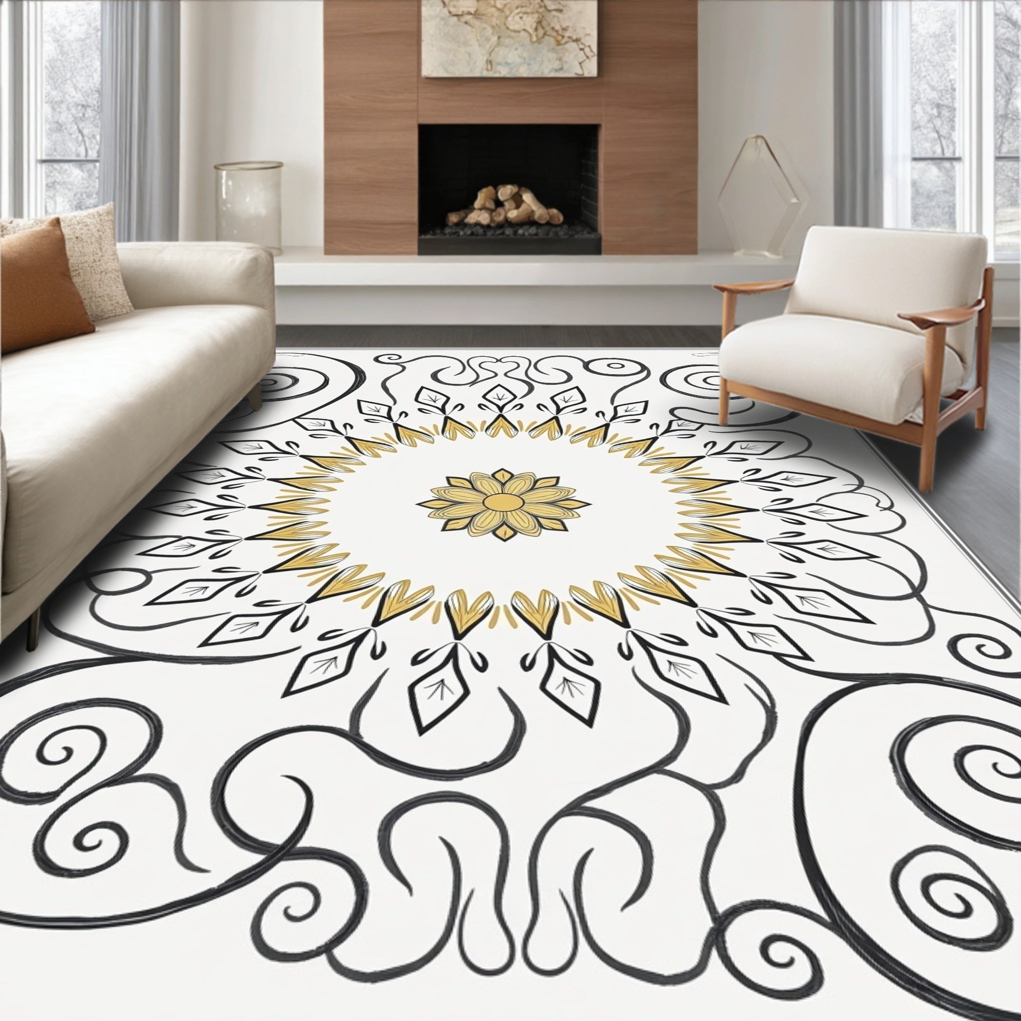 Gold Black Floral Medallion Scroll Rug