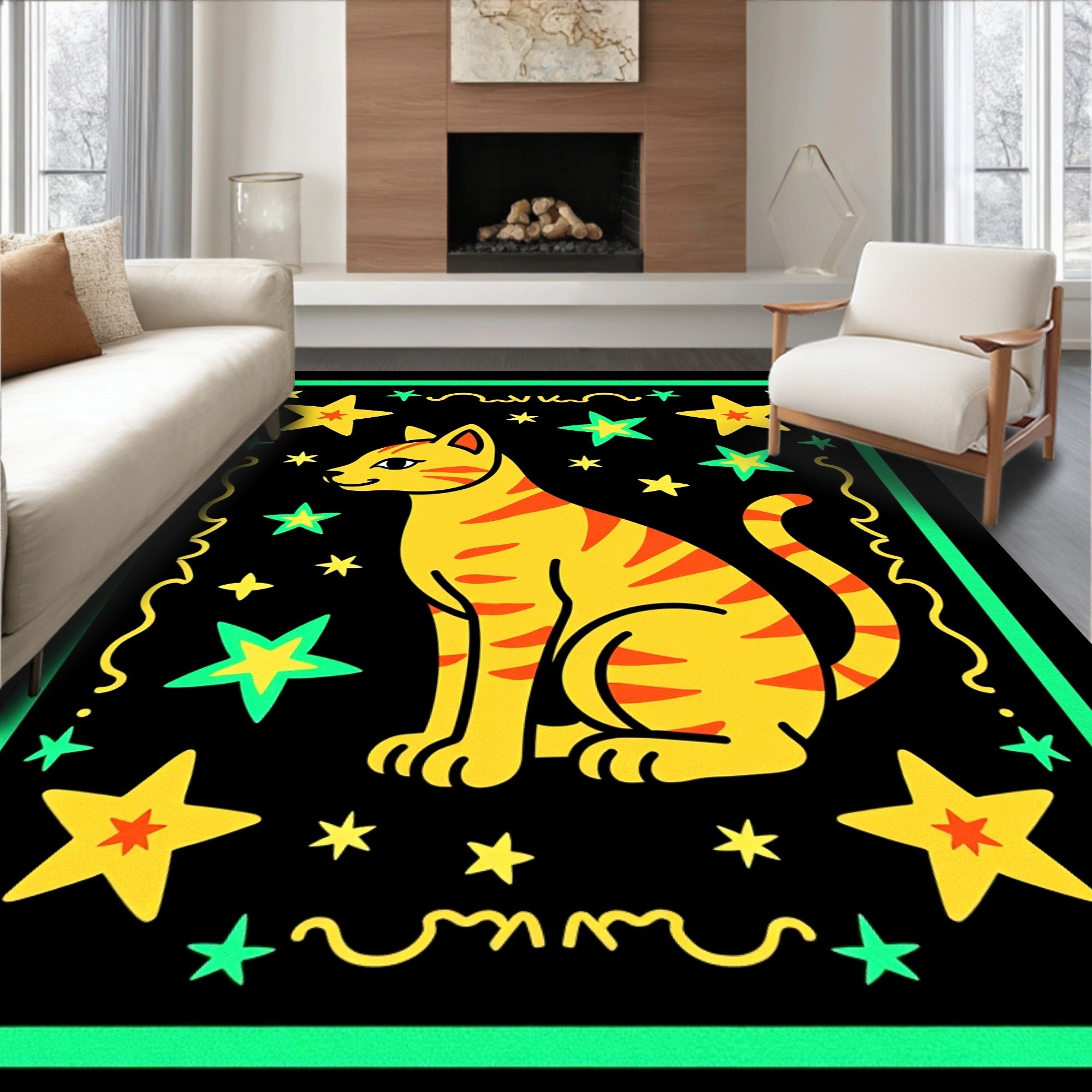 Yellow Tabby Cat Stars Border Rug