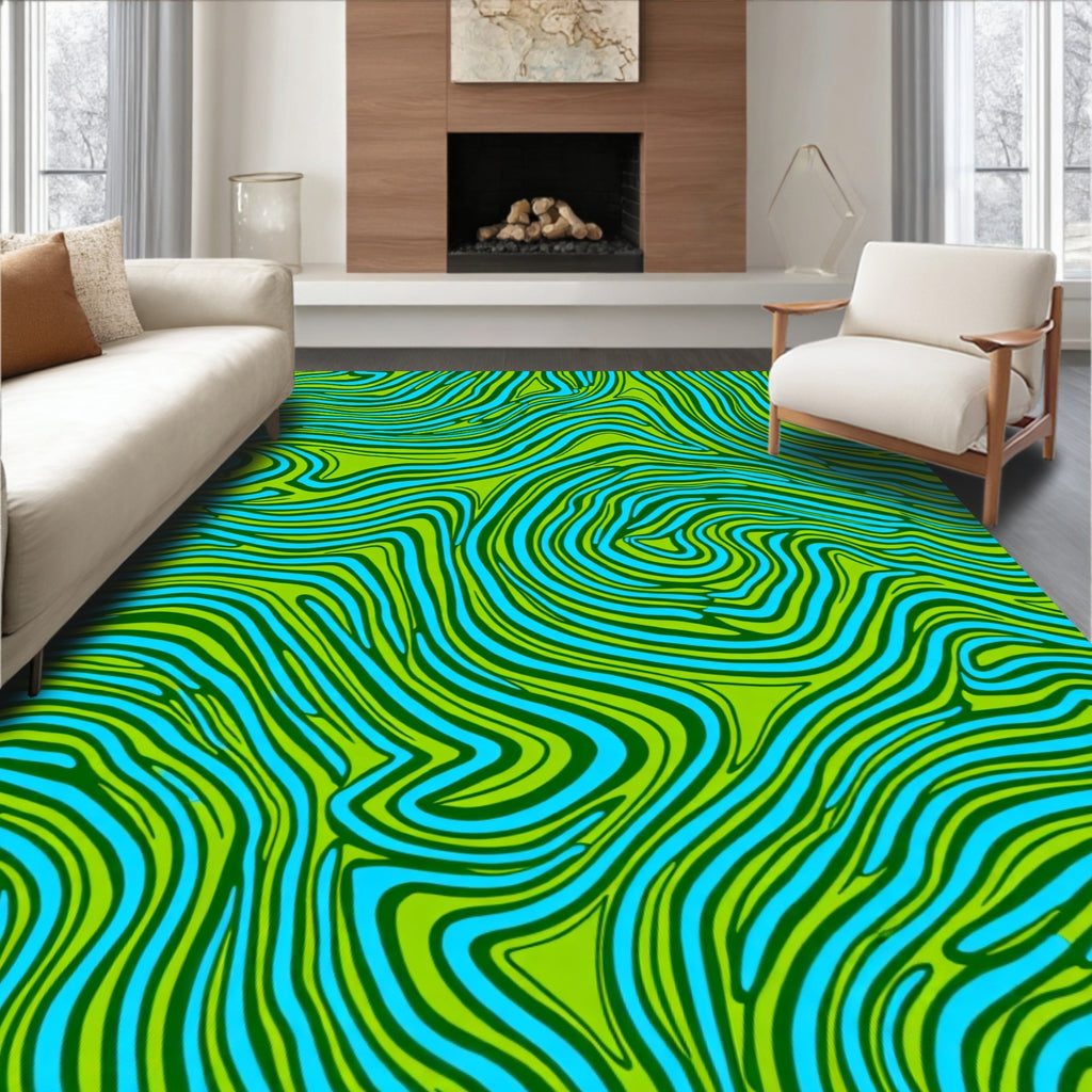 Vibrant Lime Blue Swirl Abstraction Rug