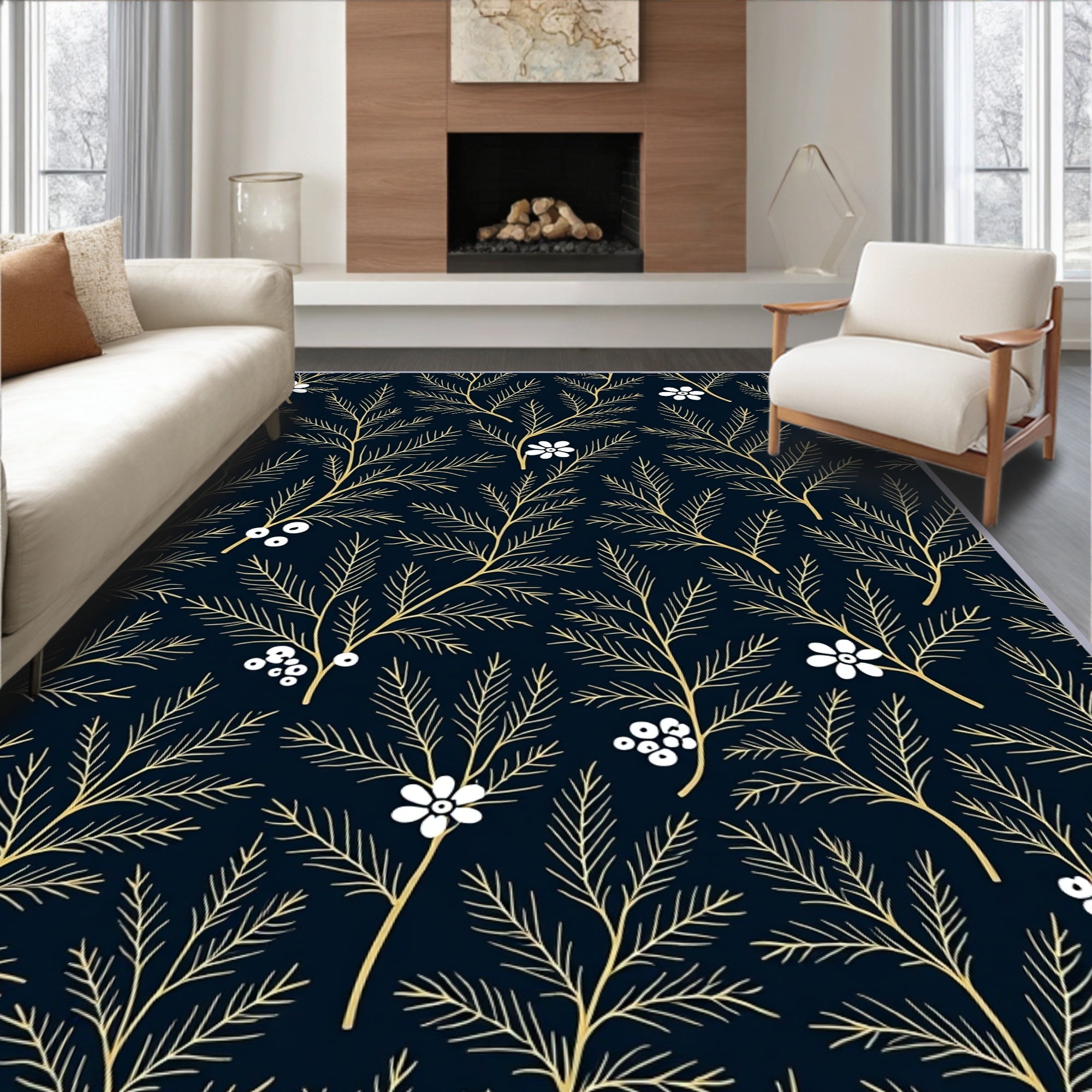 Deep Navy White Floral Branch Rug