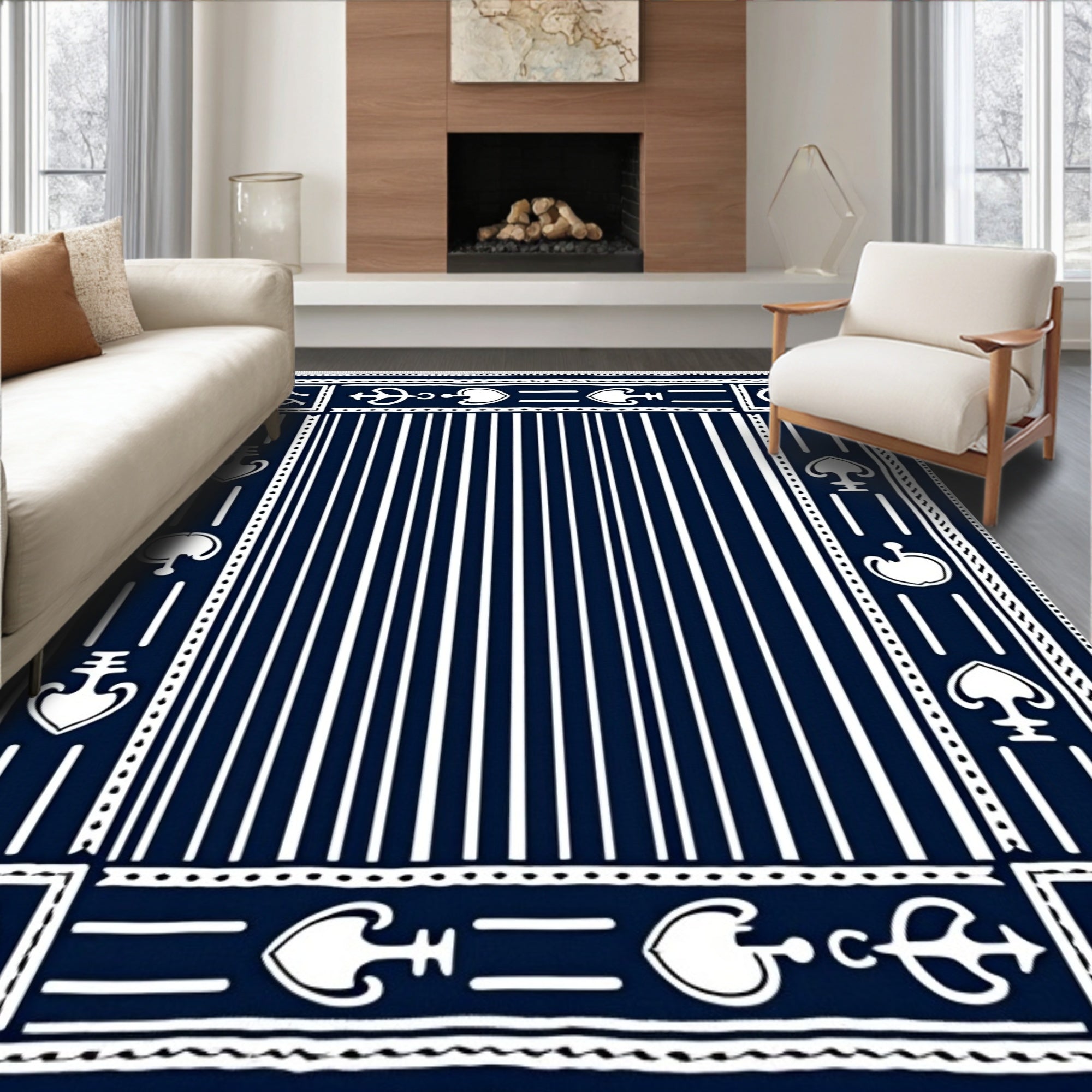 Navy White Vertical Stripe Symbolic Medallion Rug