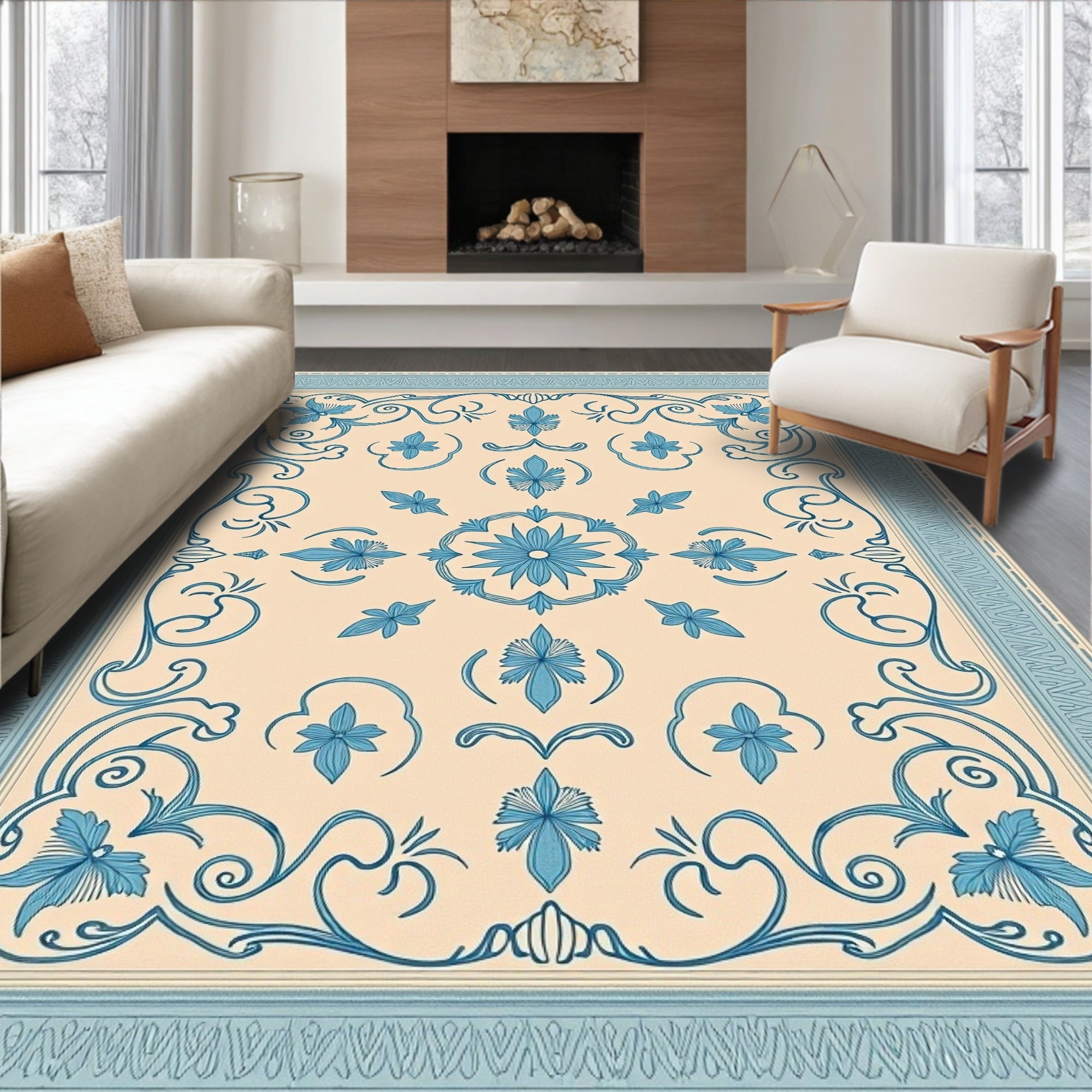 Pale Blue Floral Medallion Border Rug