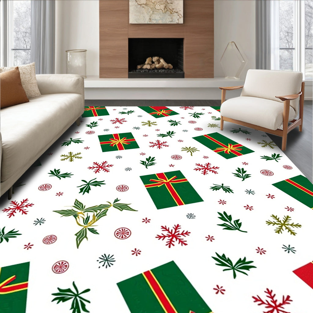 Green Red Gifting Snowflakes Foliage Rug