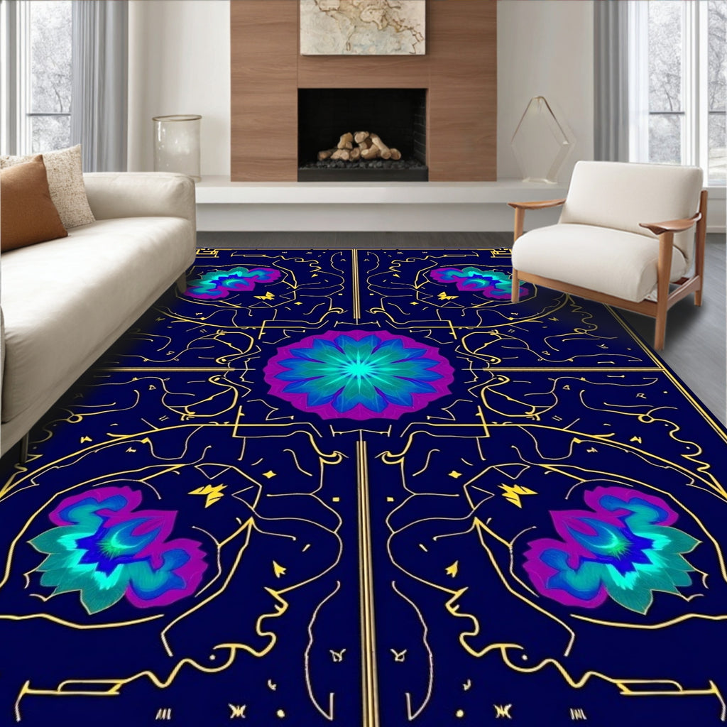 Deep Blue Floral Medallion Sunburst Rug