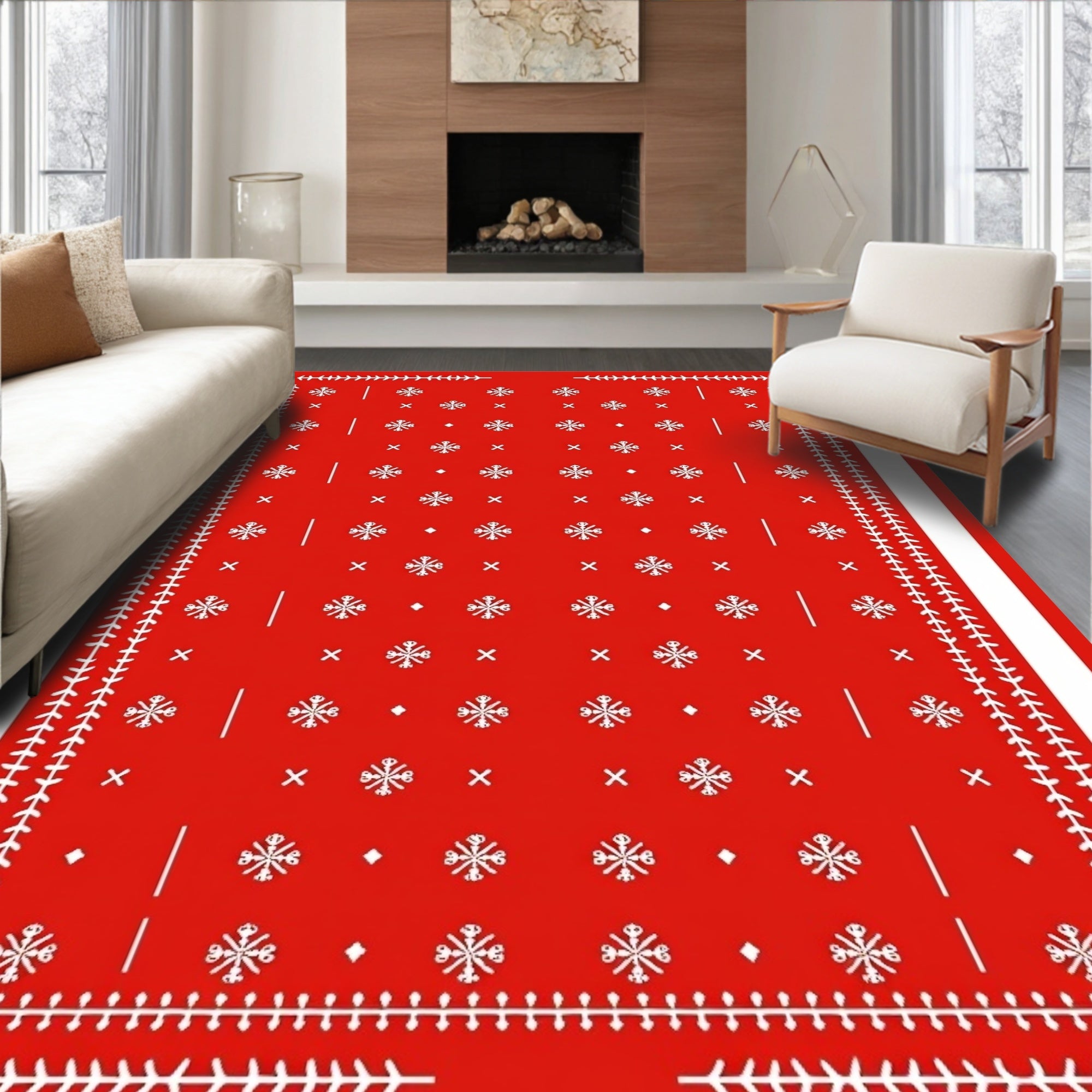 Bold Red Snowflake Geometric Rug
