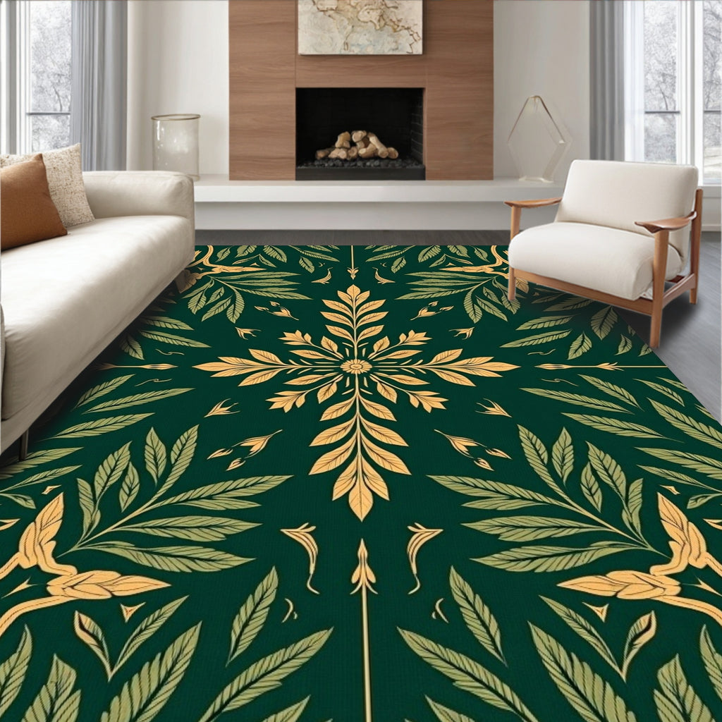 Emerald Green Golden Leaf Fretwork Rug