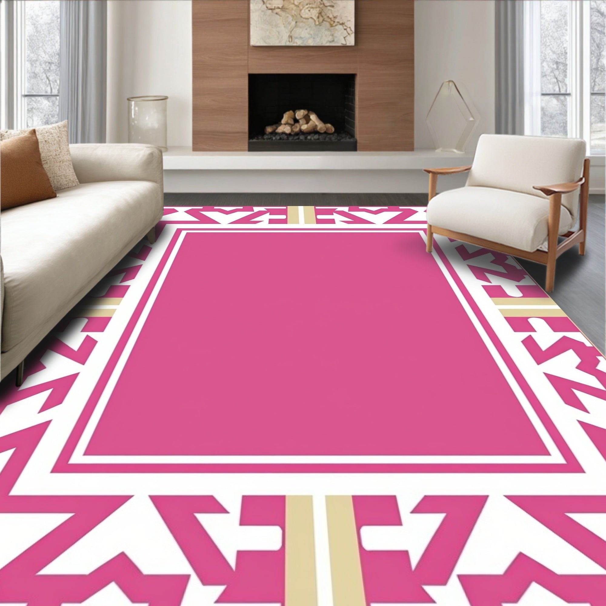 Bright Pink Geometric Border Rug