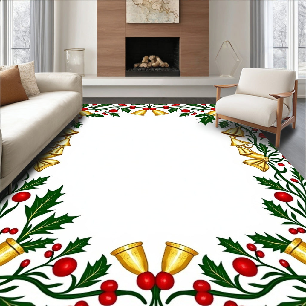 Festive Red Holly Gold Bells Border Rug
