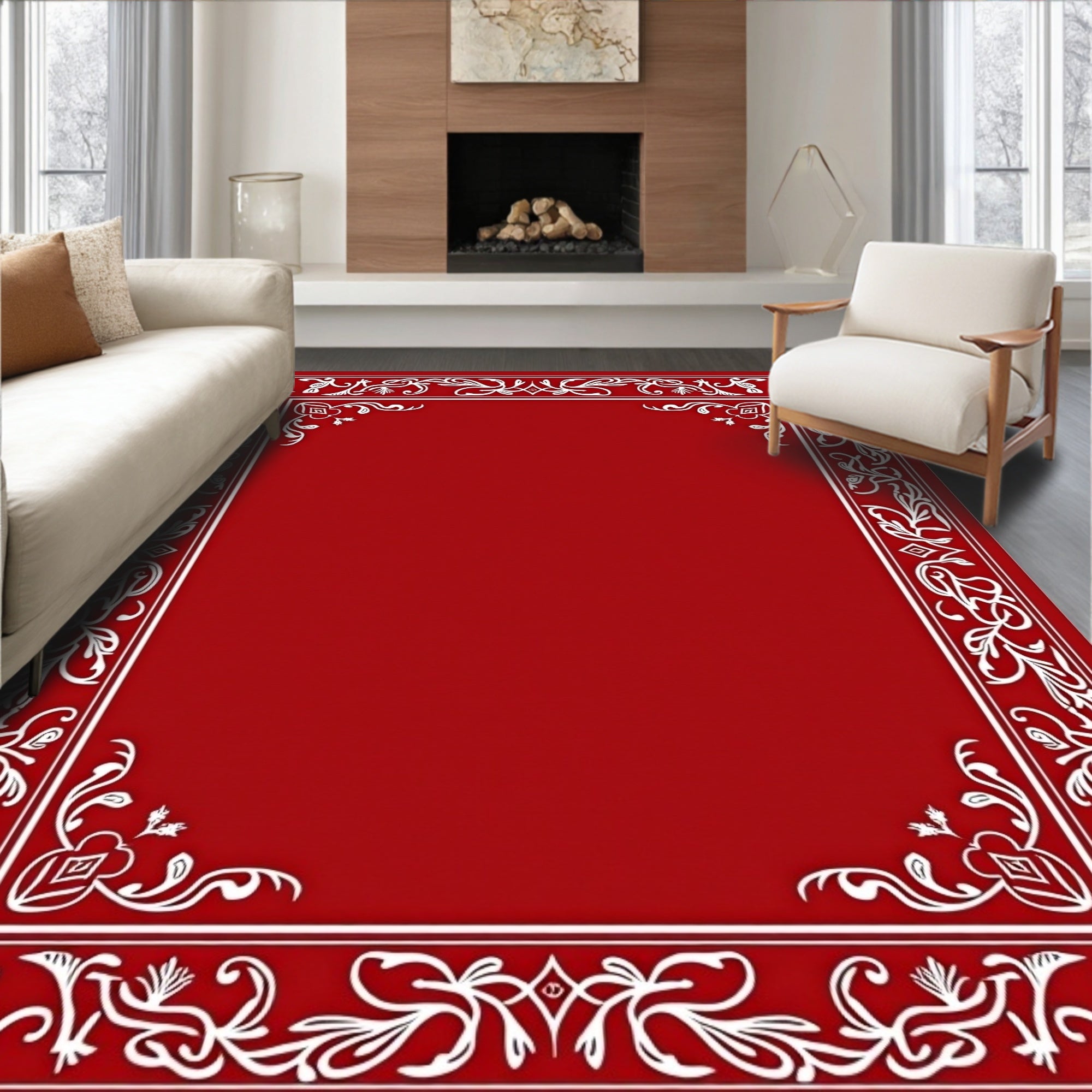 Crimson White Scroll Border Rug