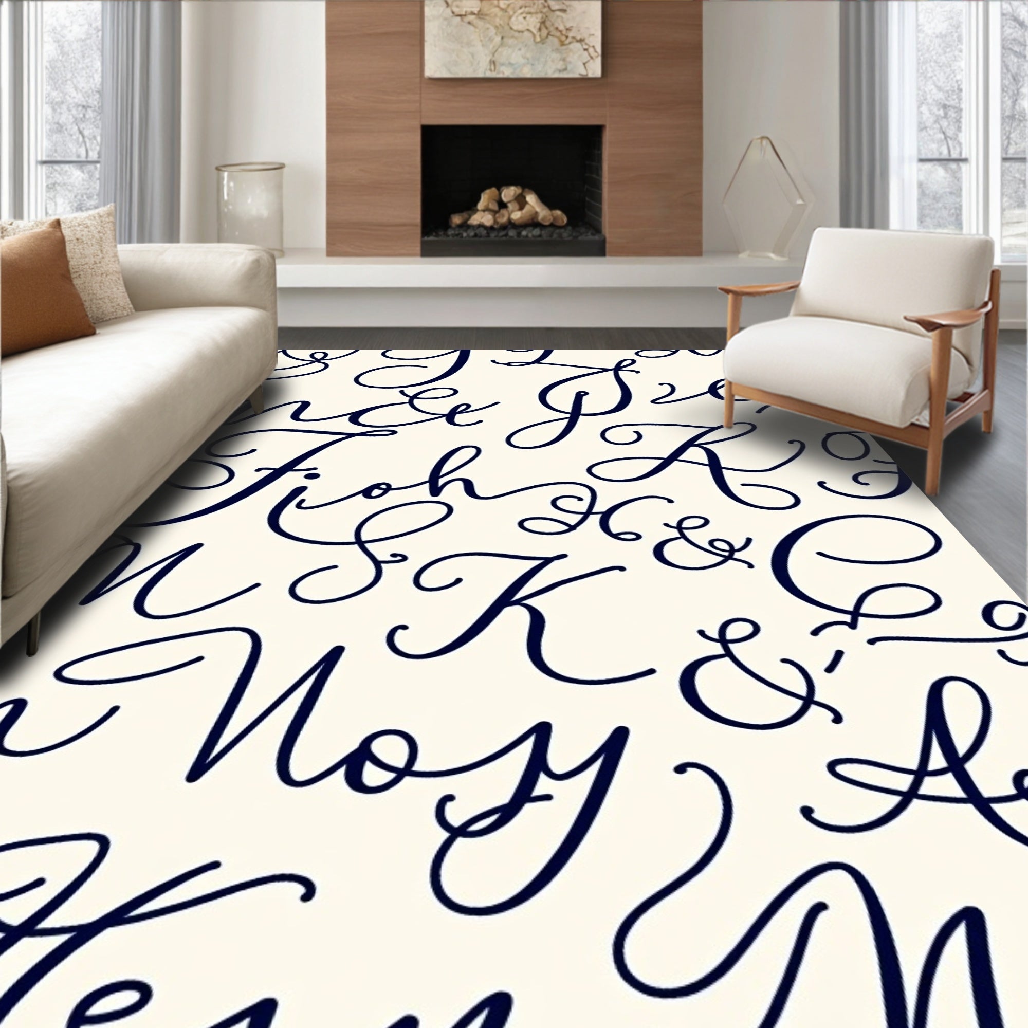 Navy Script Alphabet Cream Rug