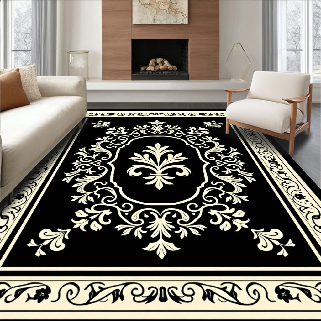 Ornate Black Cream Floral Oval Rug
