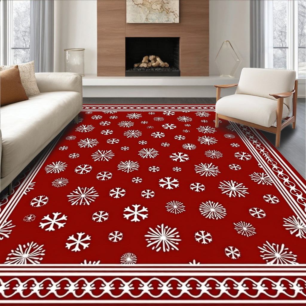 Crimson White Snowflake Scatter Border Rug