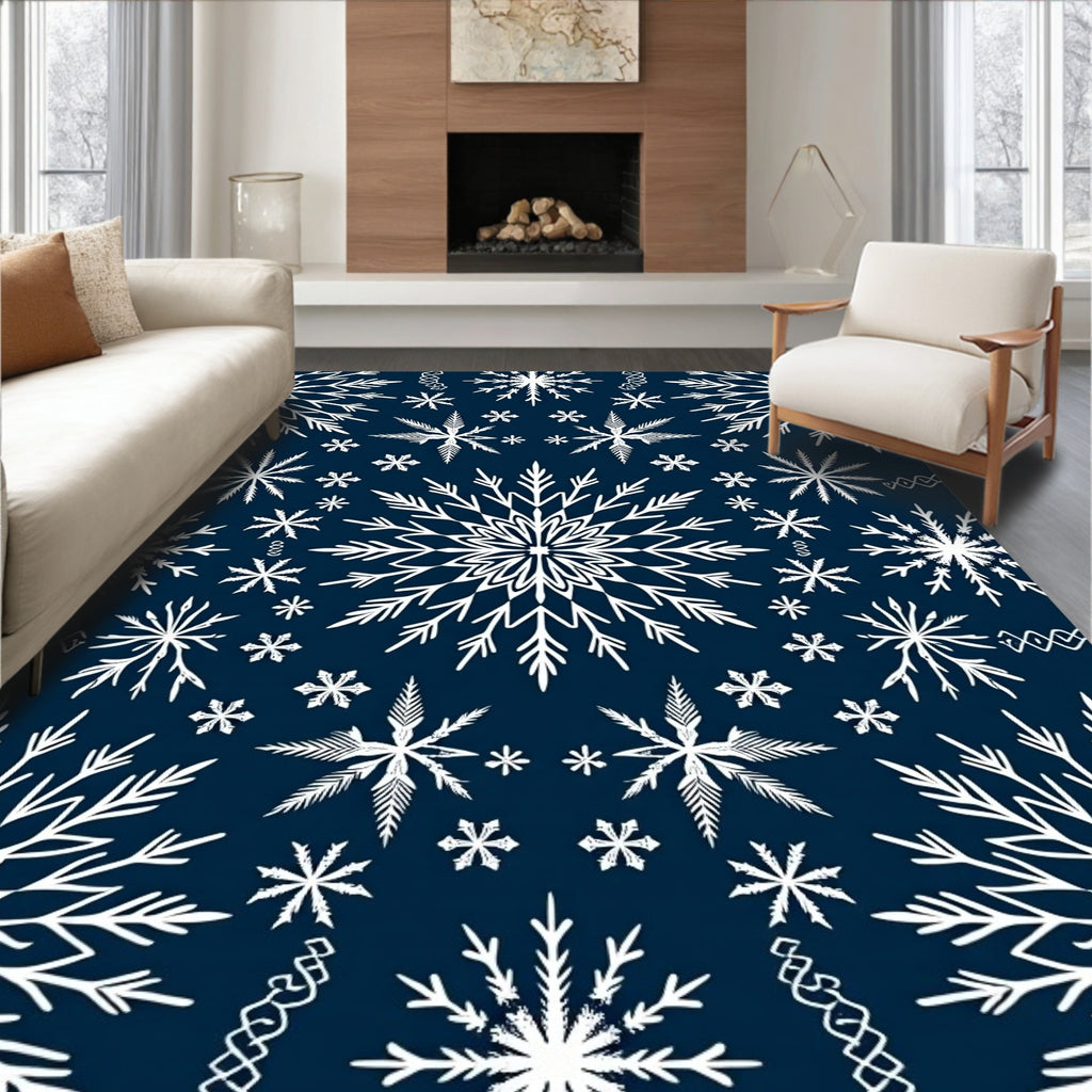 White Snowflakes on Navy Background Rug