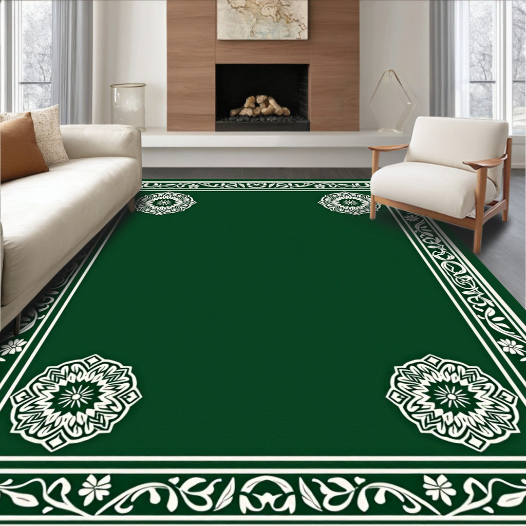 Vibrant Green Floral Medallion Border Rug