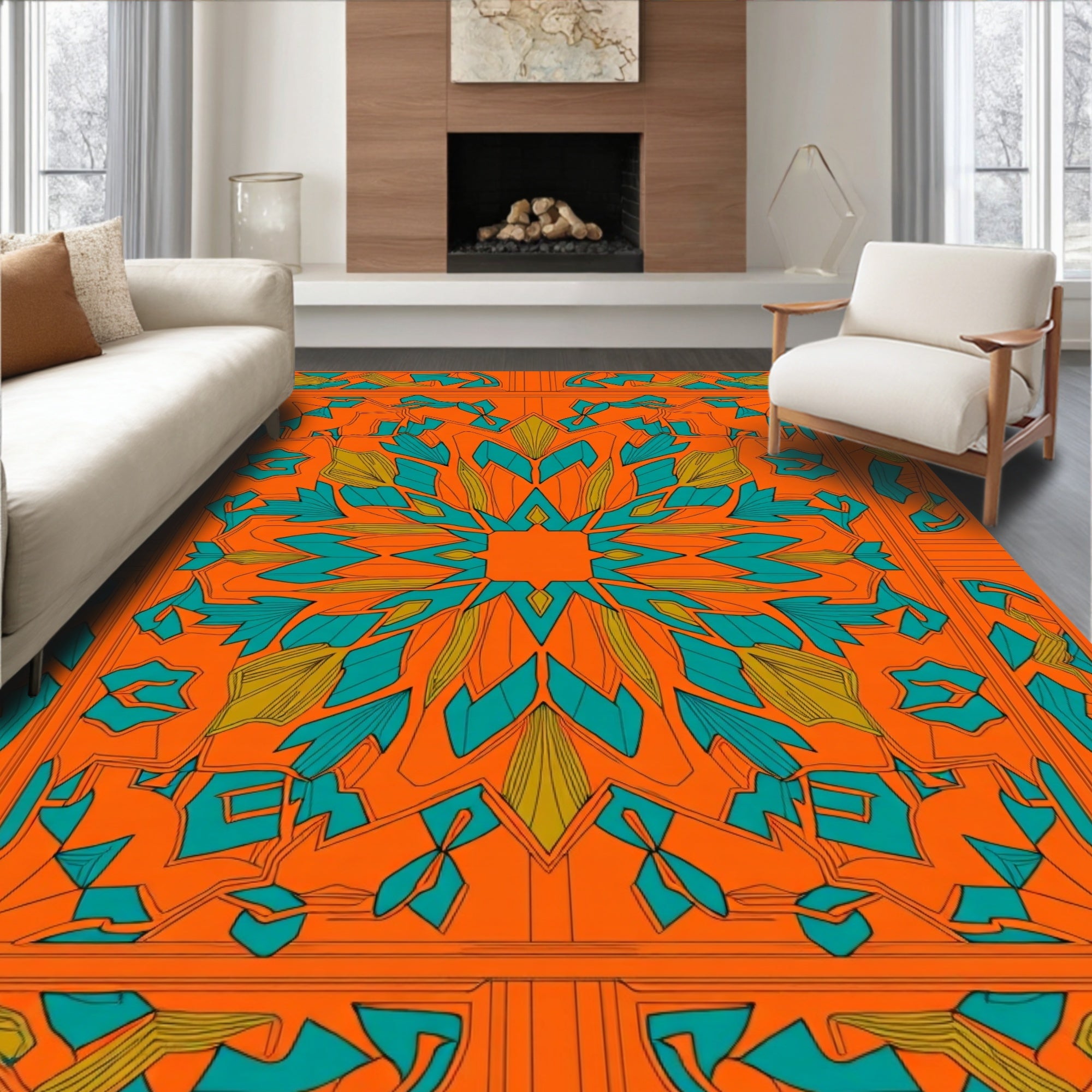 Vibrant Teal Orange Geometric Starburst Rug