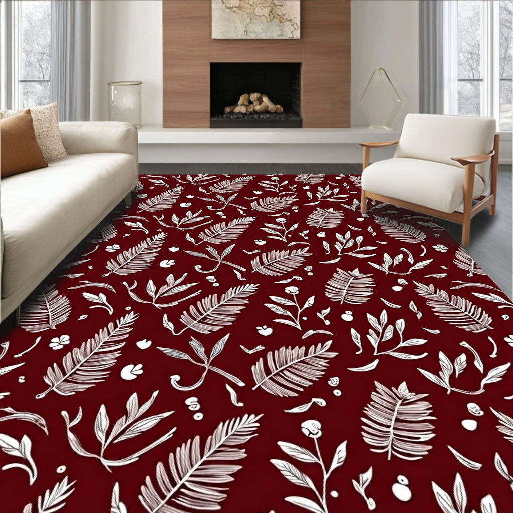 Deep Red Botanical Leaf Sprigs Rug