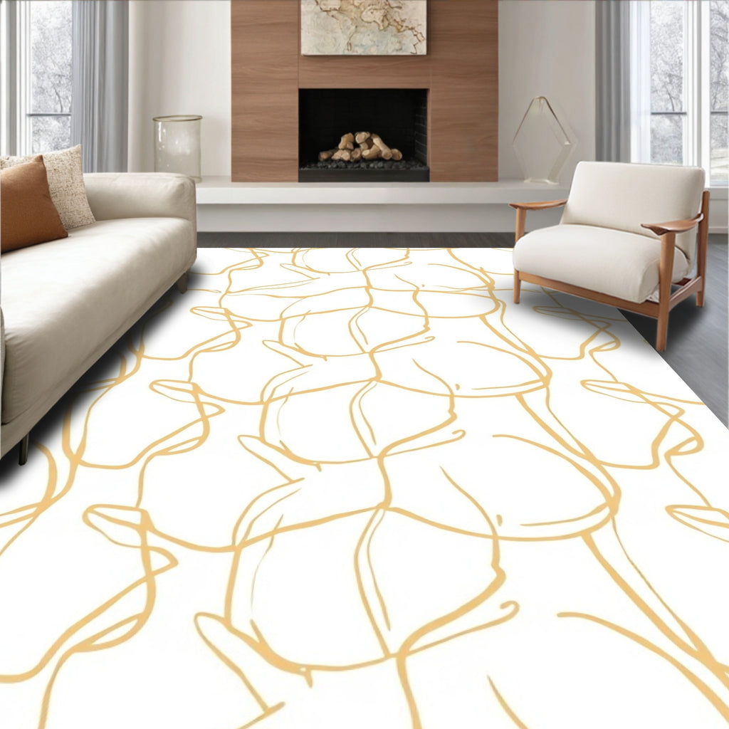 Golden Abstract Calligraphy Flow Rug