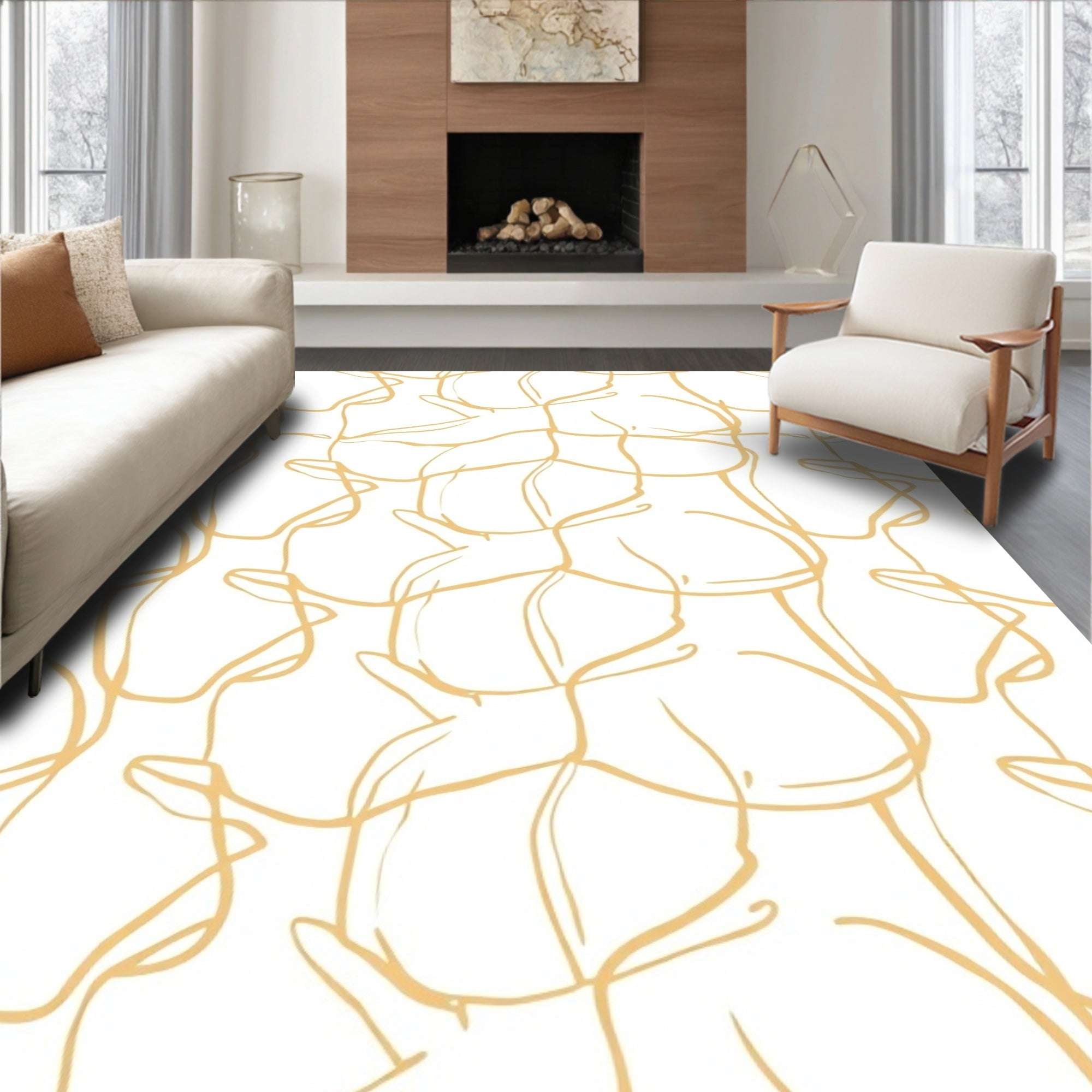 Golden Abstract Calligraphy Flow Rug