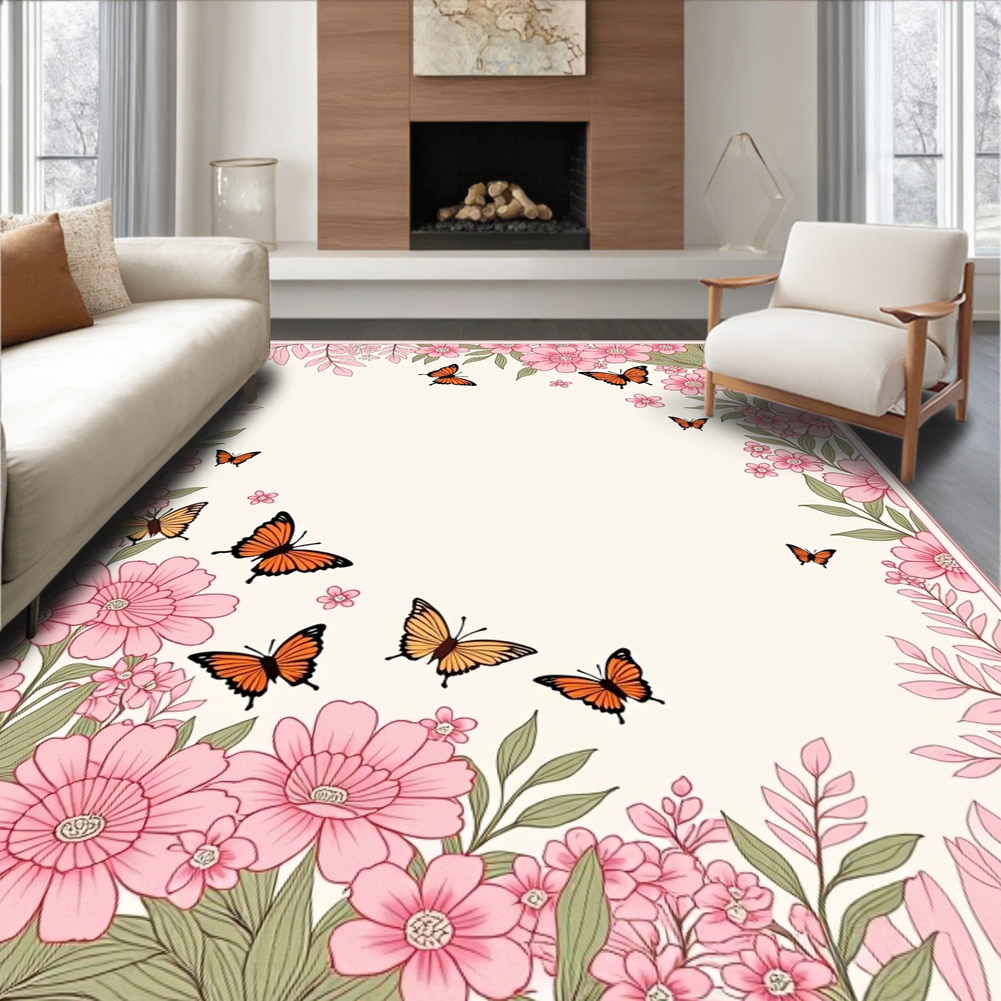 Whimsical Pink Floral Butterfly Meadow Rug